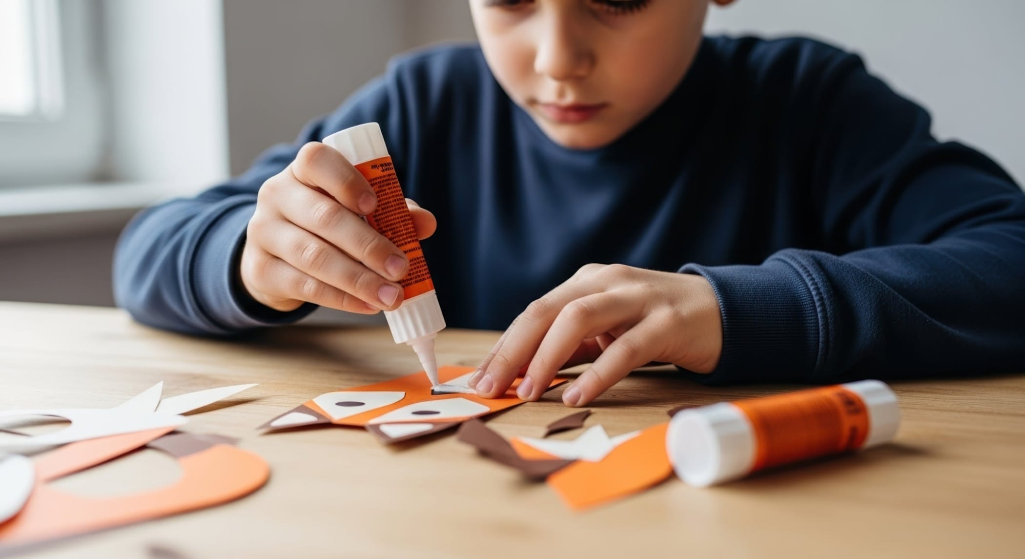 Young boy carefully gluing paper cutouts together on a wooden table, focusing on a craft project.