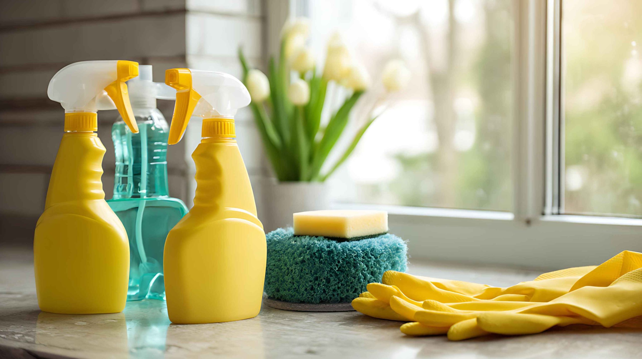 Brightly colored cleaning supplies set against a sunlit kitchen window, creating a fresh and inviting atmosphere.