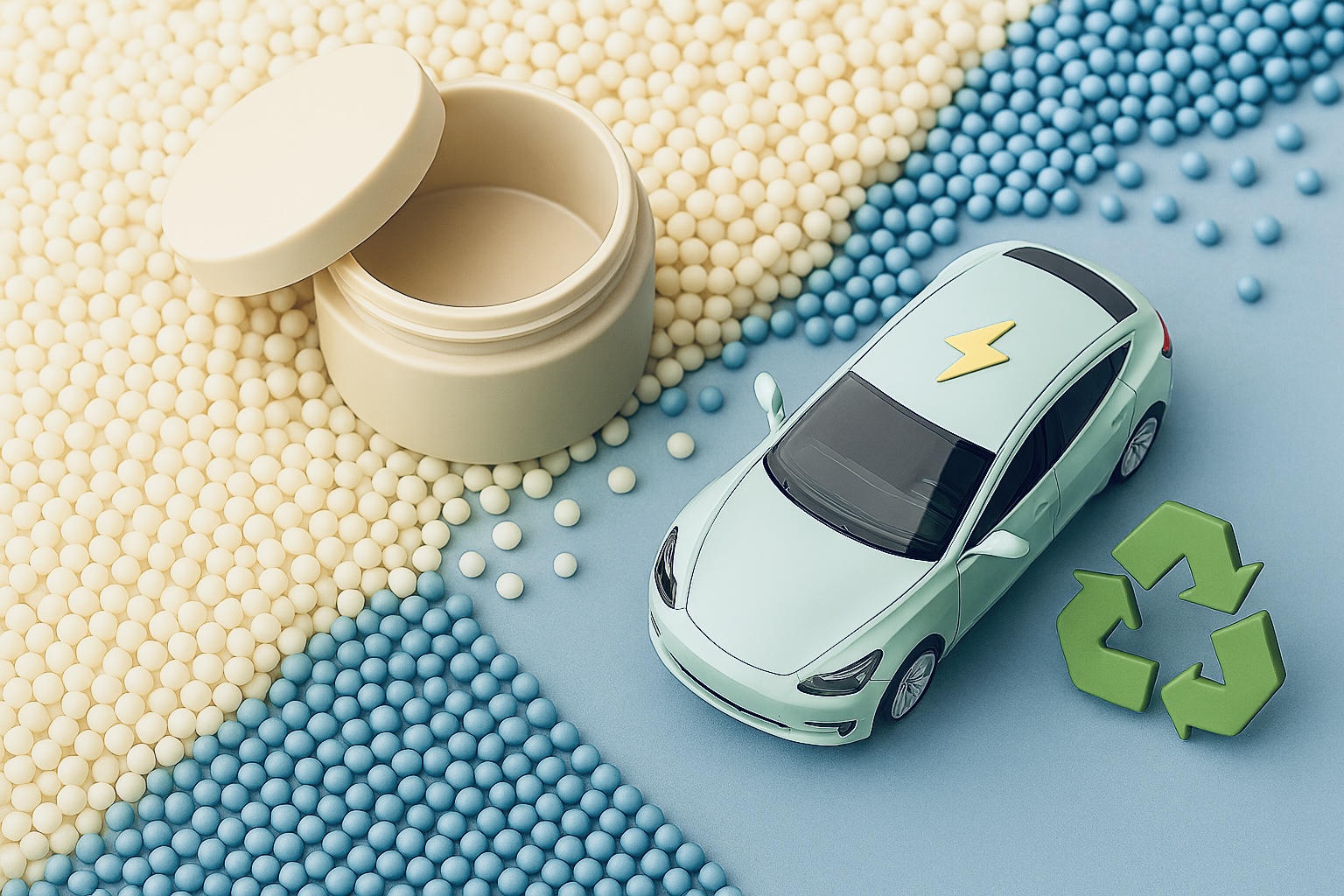 A top-down flat lay product photography shot on a clean light grey surface. Objects: an open white cosmetic cream jar with a lid beside it, a small realistic electric car model in pale blue-grey with a subtle lightning bolt detail, and a 3D recycling symbol in matte olive green.