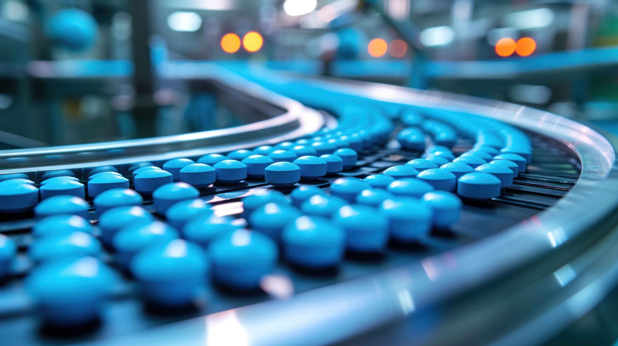 Blue Capsules are Moving on Conveyor