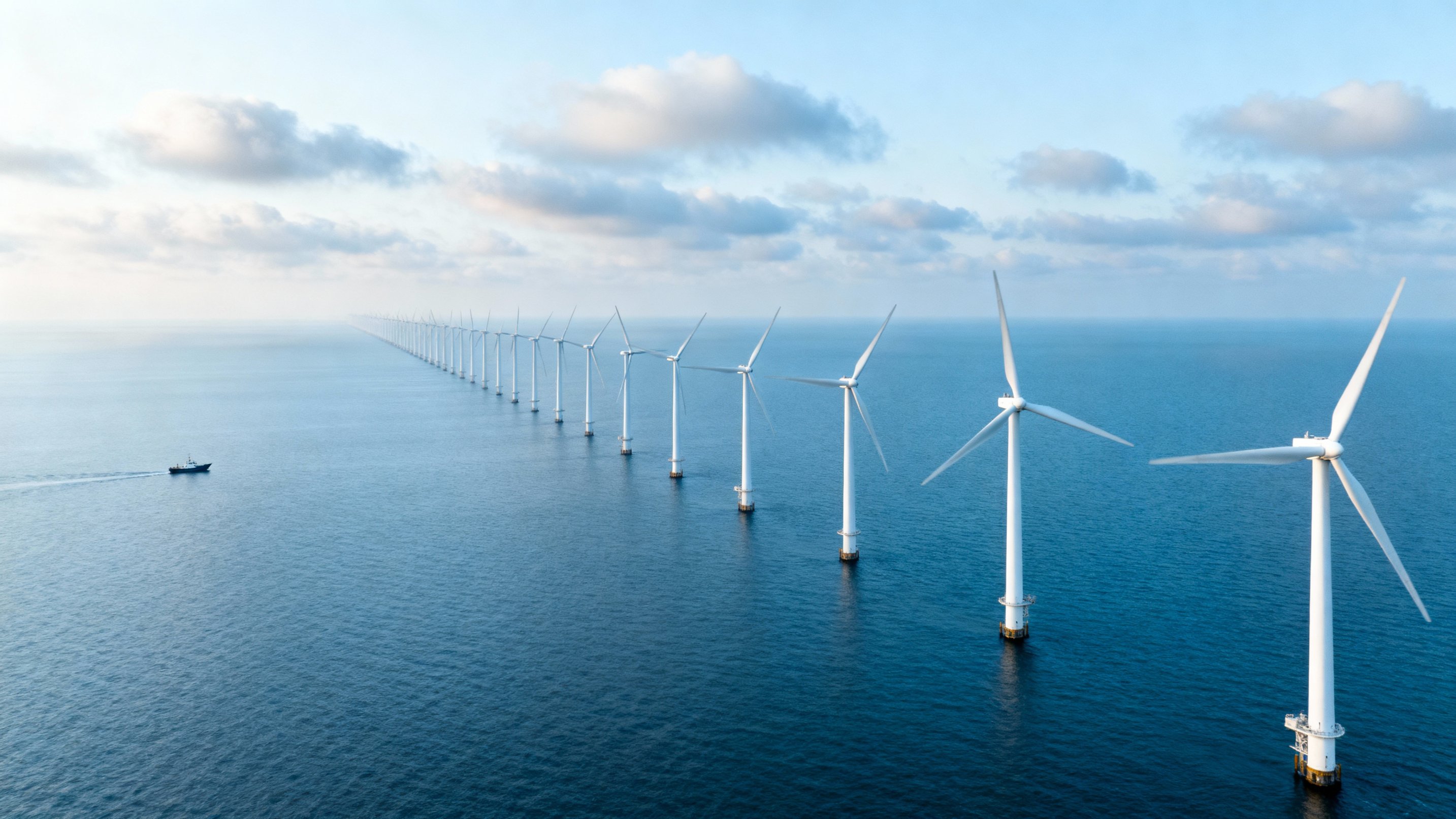 Aerial shot of offshore wind turbines in the ocean with a boat nearby,