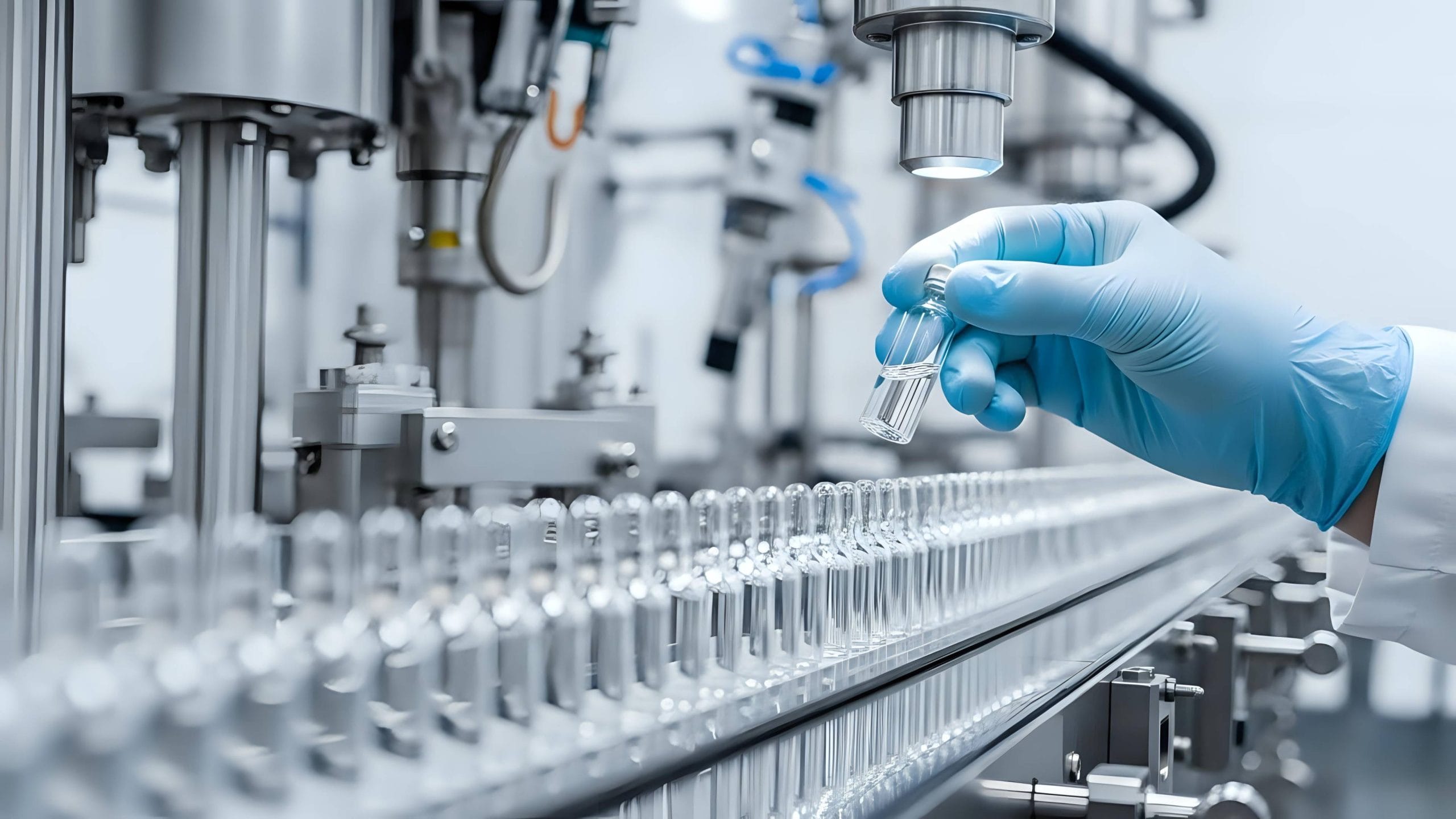 Laboratory technician in blue gloves operating automated pharmaceutical manufacturing equipment with glass vials on production line.