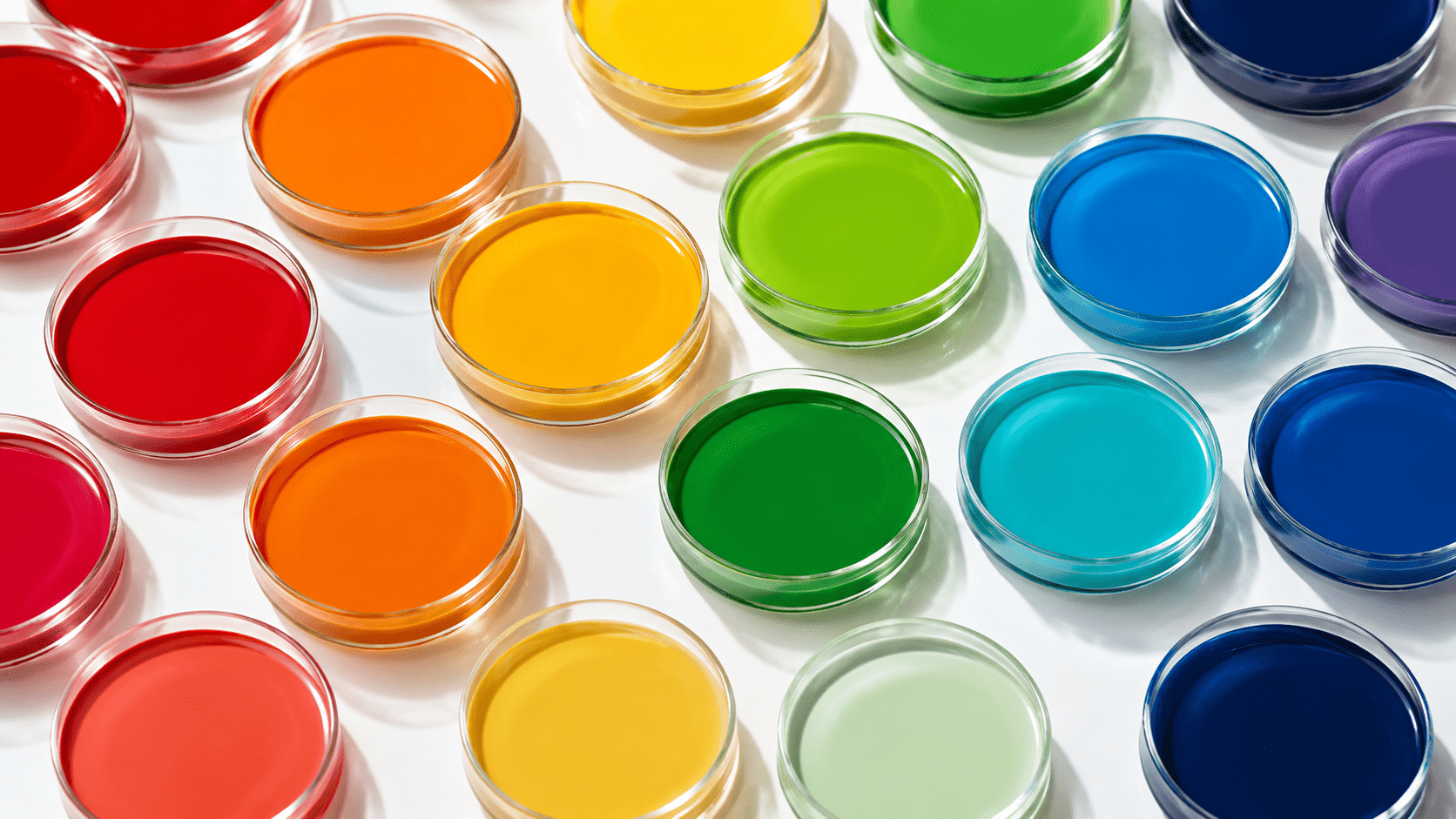 Dispersões de pigmentos coloridos em recipientes de vidro, ilustrando a seleção de pigmentos para tintas, revestimentos, plásticos e formulações industriais.