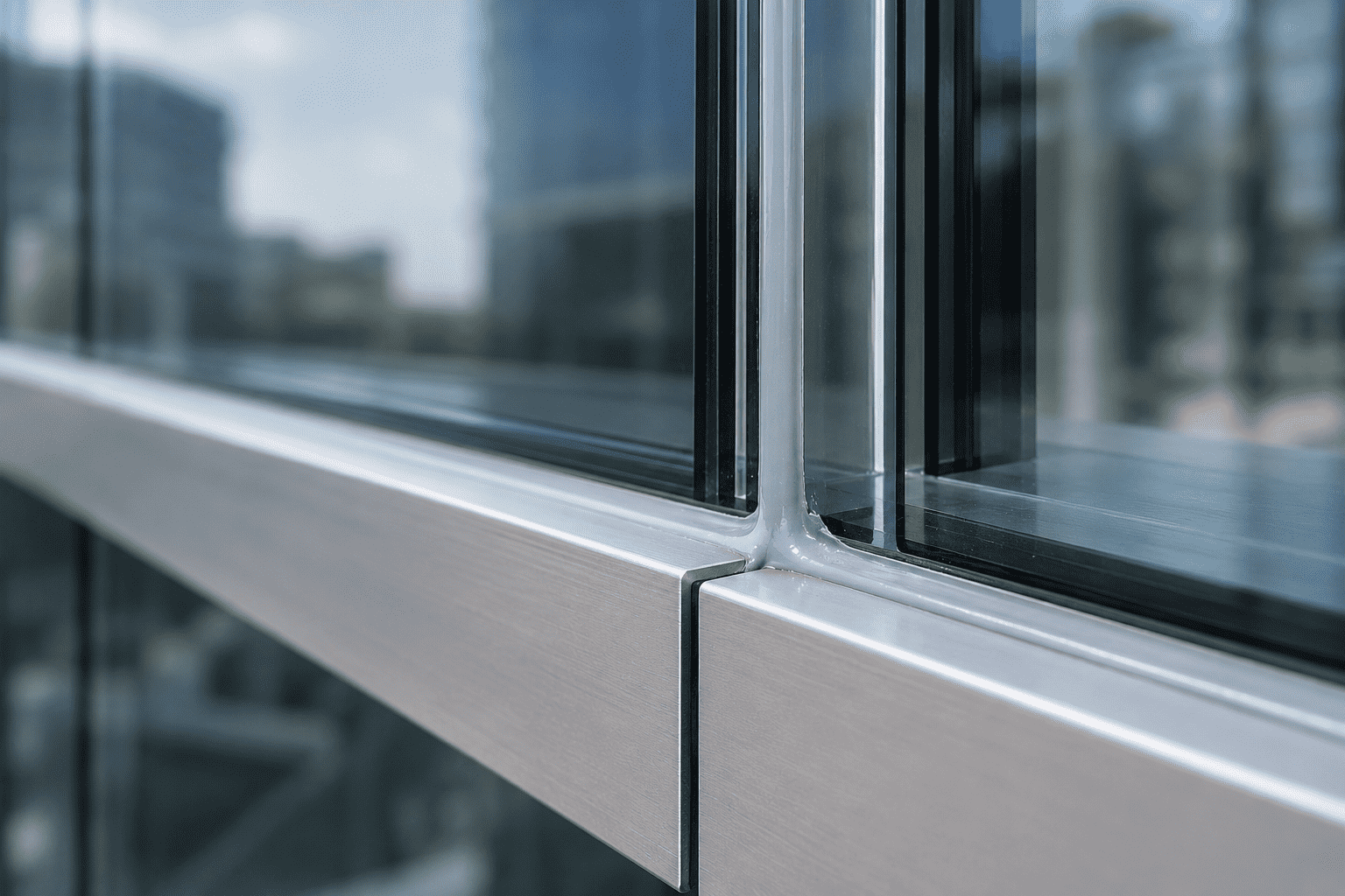Close-up of silicone sealant applied between glass and aluminium facade components in a modern construction project.