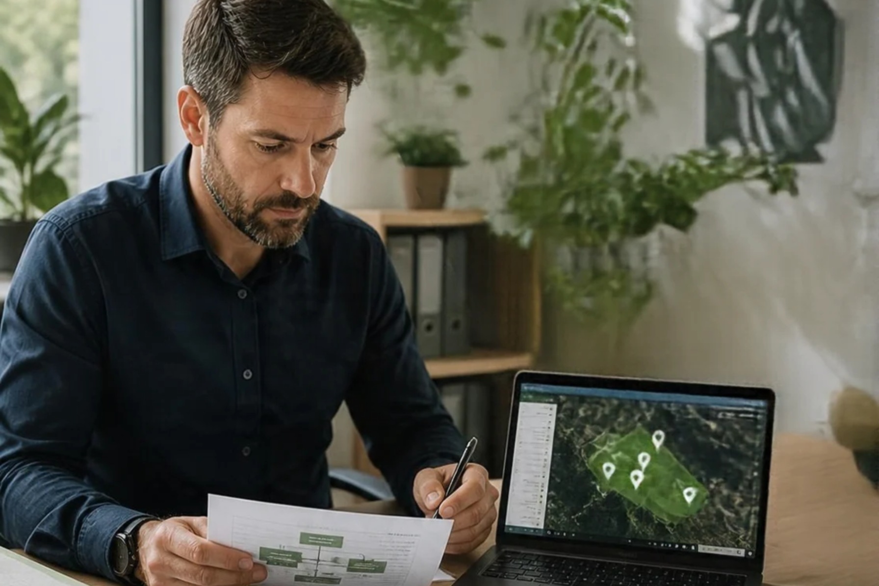 Supply chain manager reviewing origin documentation and geolocation data for EUDR due diligence