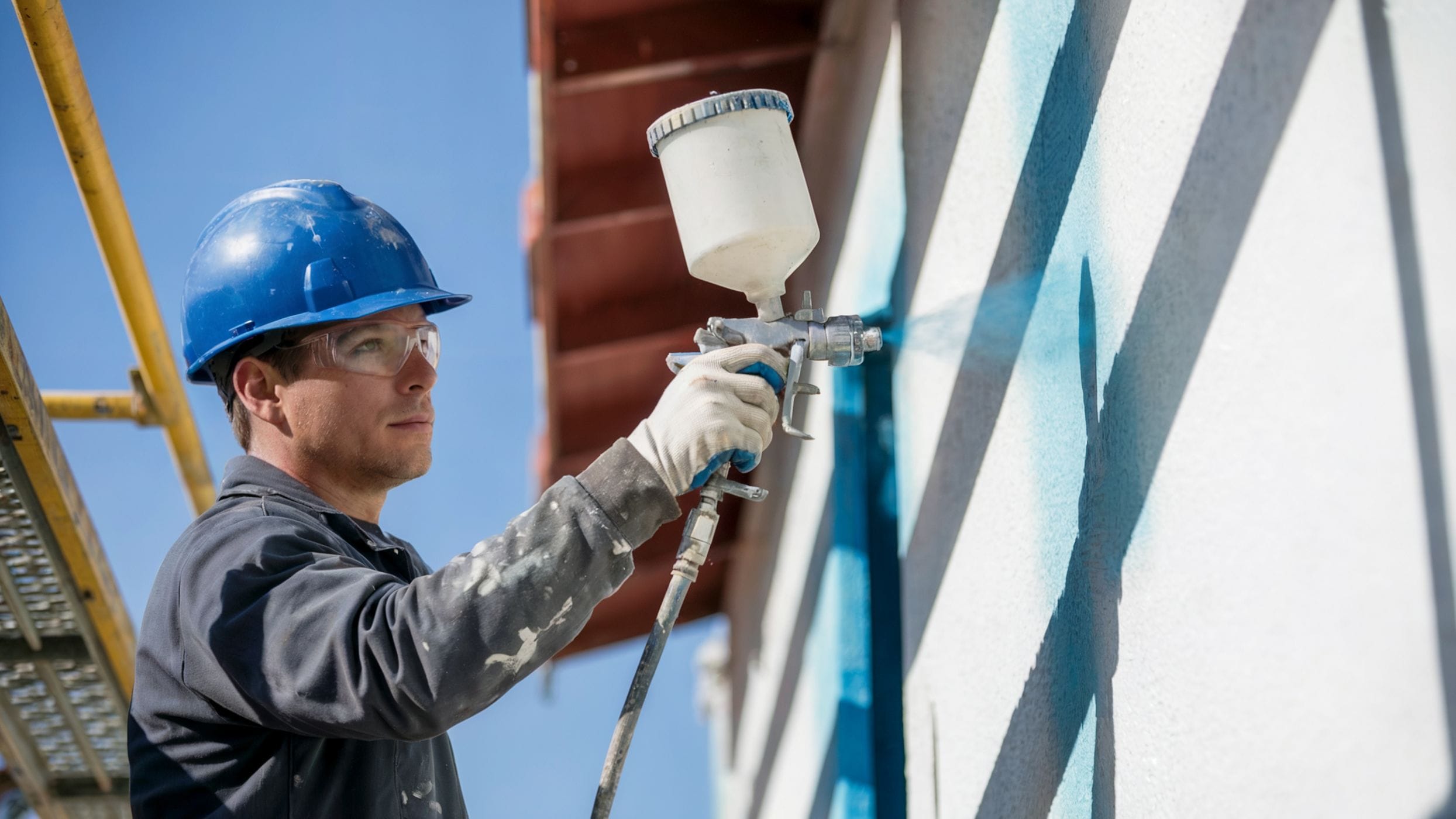 Worker Spray Painting Exterior Wall