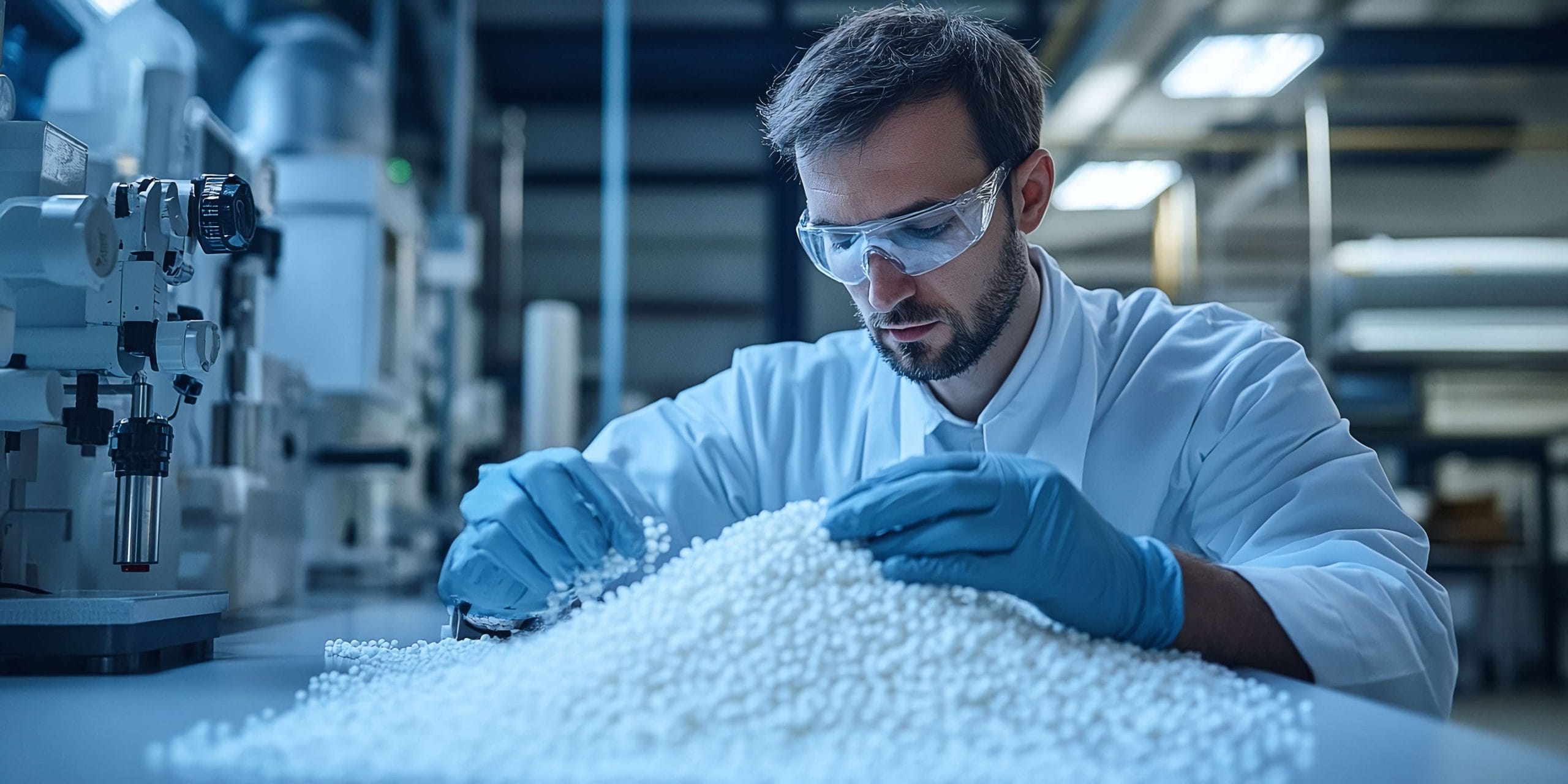 An engineer studying white polymer pellets in a polymer research laboratory, essential for design and testing in the plastics industry.
