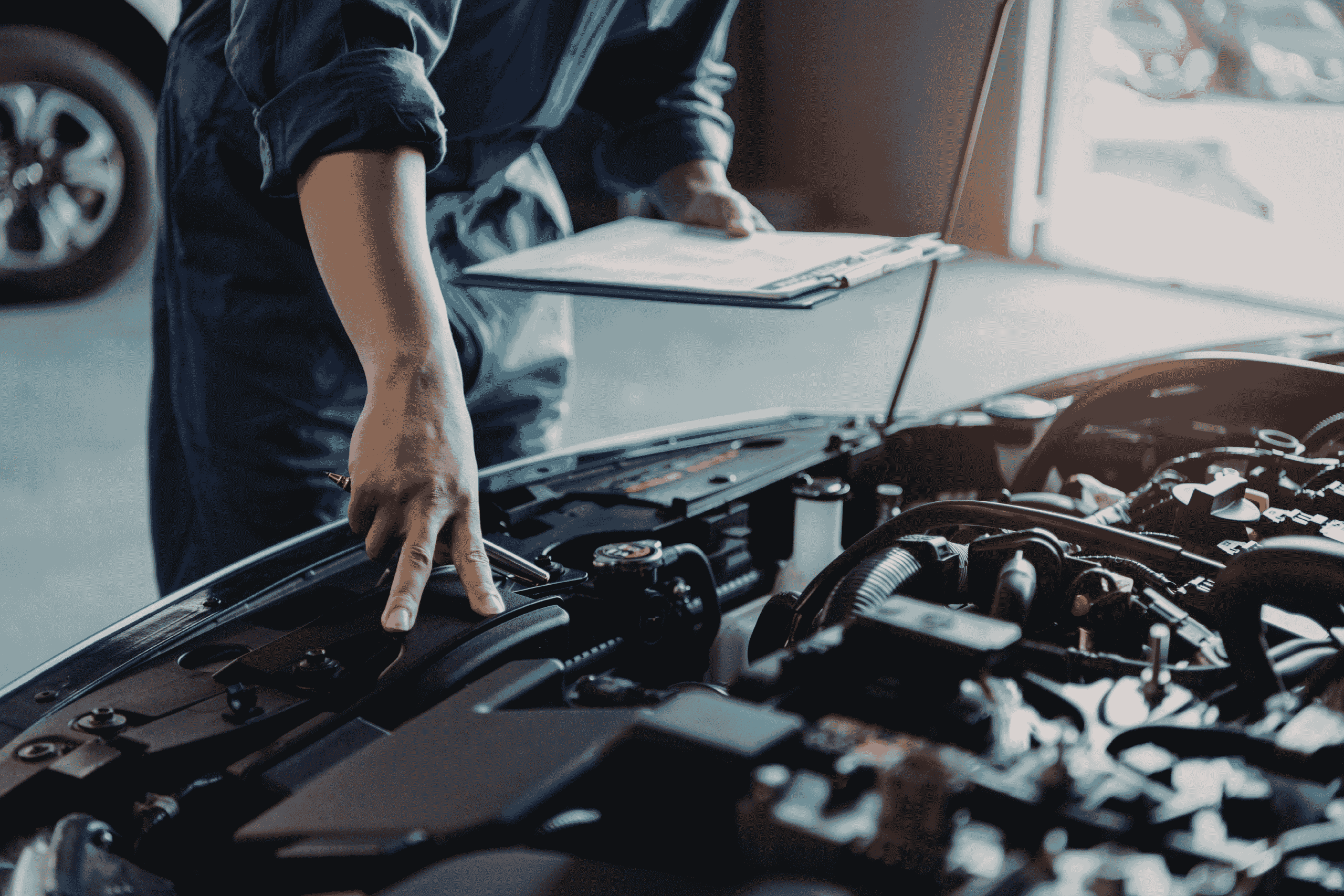 Car engineer pointing to rubber seals in car for sulphur vs peroxide
