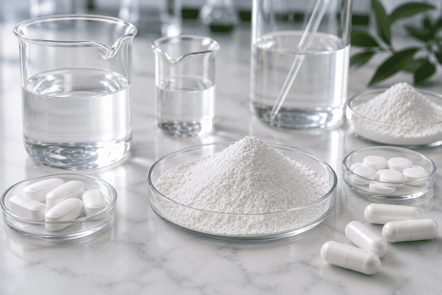 Food-grade sodium hyaluronate powder and nutraceutical supplement ingredients displayed in a clean laboratory environment.