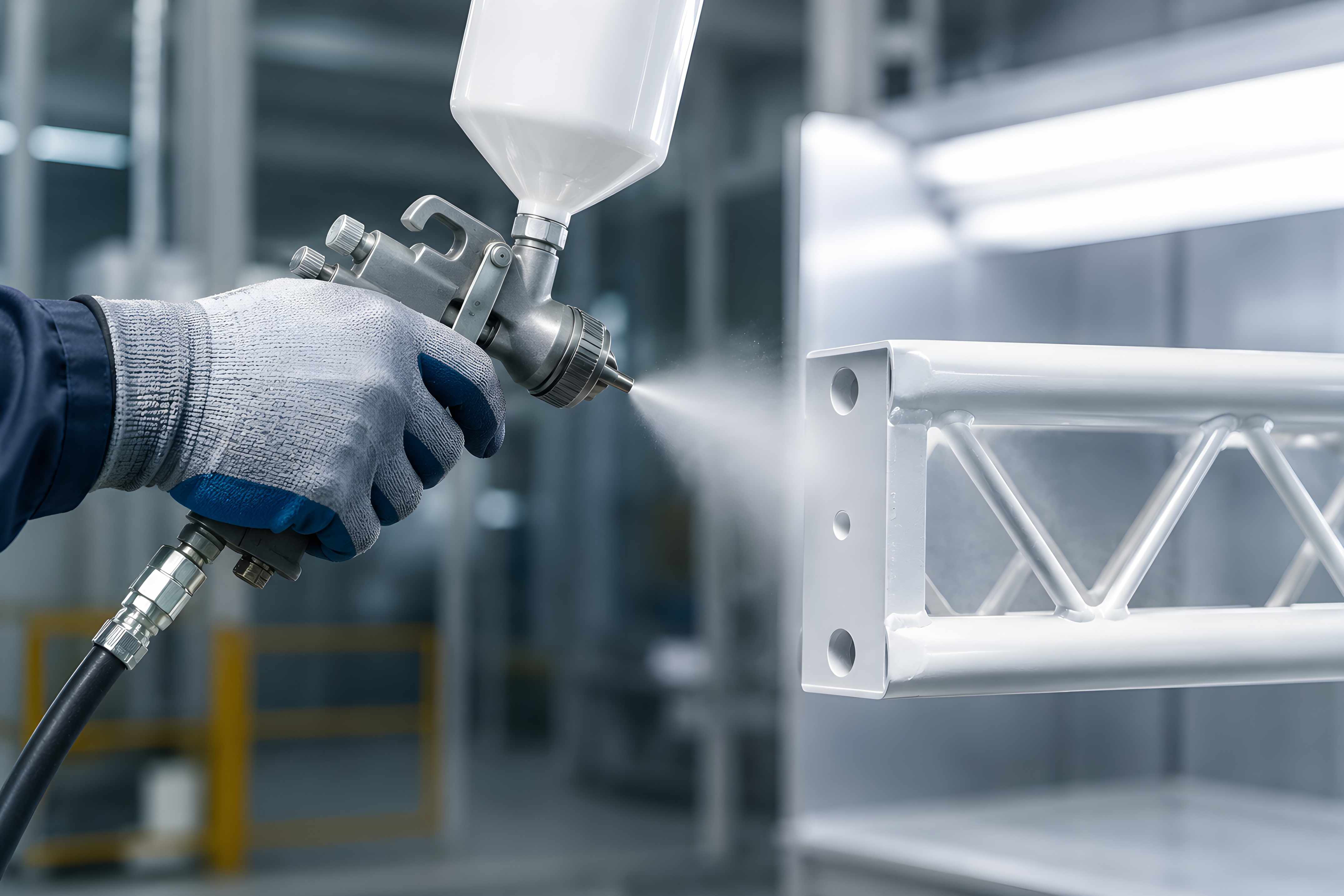 Industrial spray paint gun applying a smooth white protective coating onto metal construction beams within a modern manufacturing factory workshop.