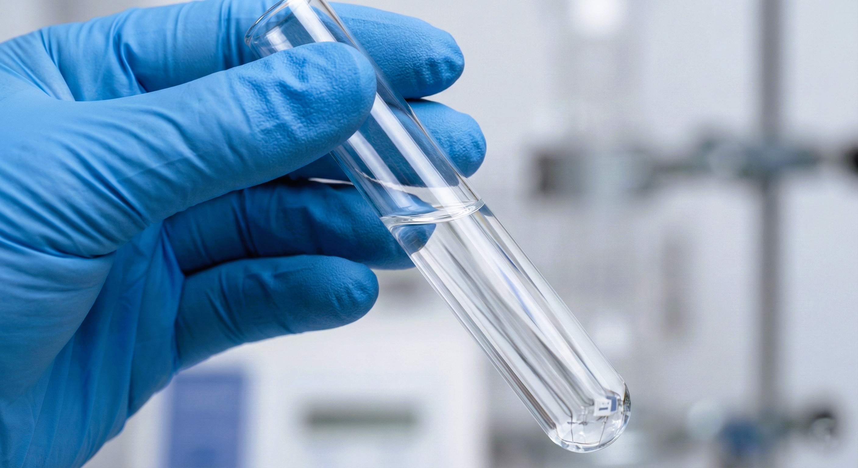 Scientist Hand in Blue Glove Holding Test Tube with Liquid