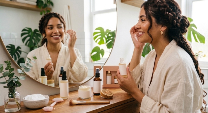 woman is using cosmetics product