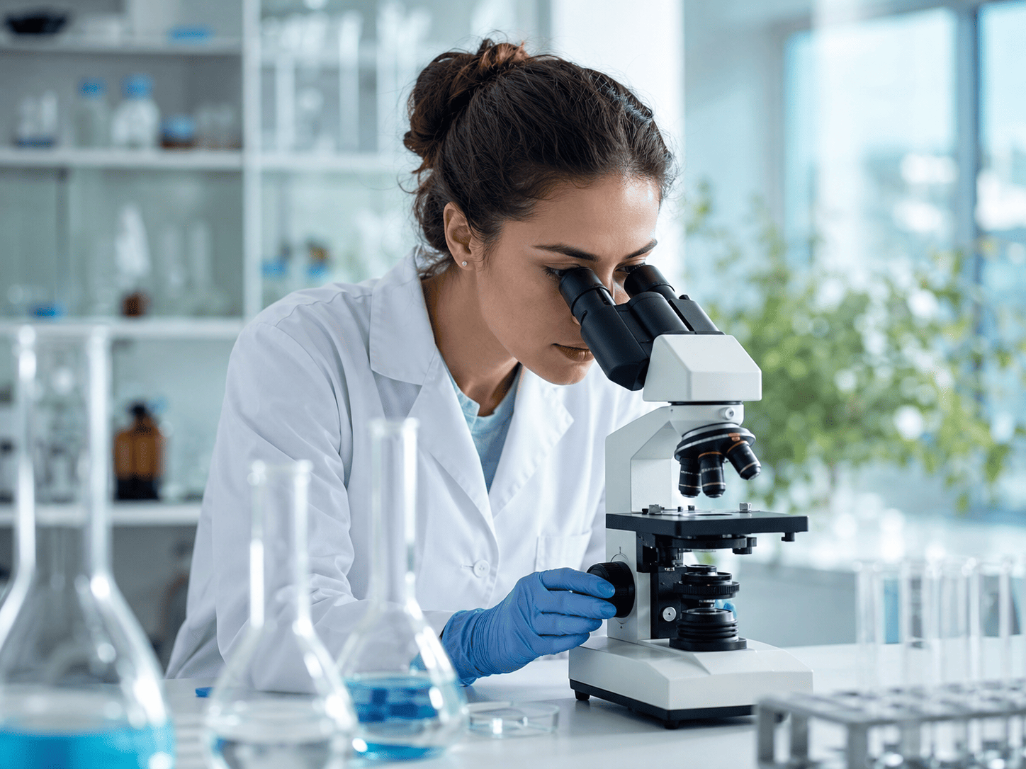 woman checking her microscope