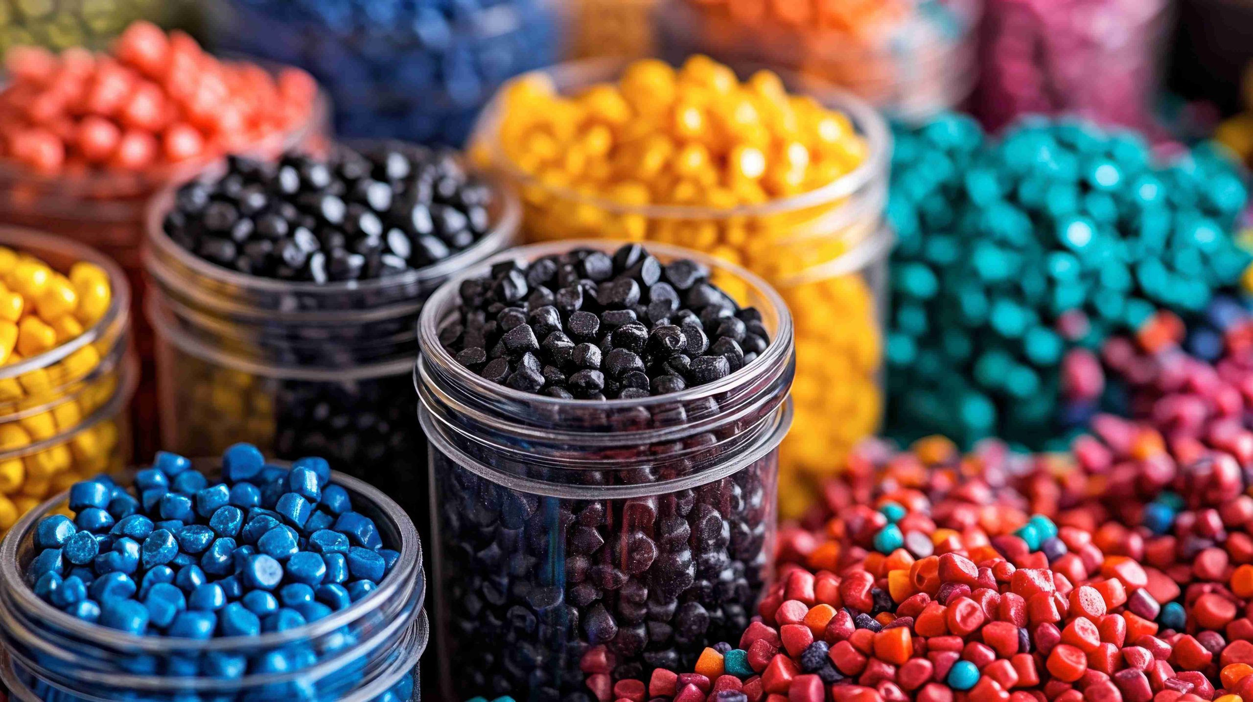 Colorful Plastic Resin Pellets in Jars - Raw Material for Manufacturing
