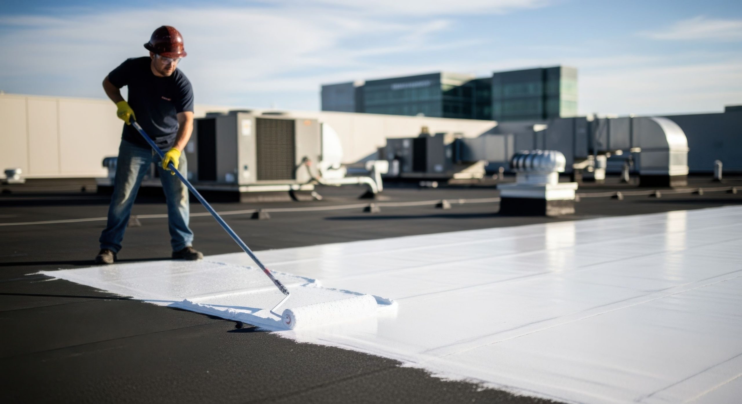 Installing reflective roof coating on commercial facility as energy retrofit measure to reduce heat absorption and air conditioning load.