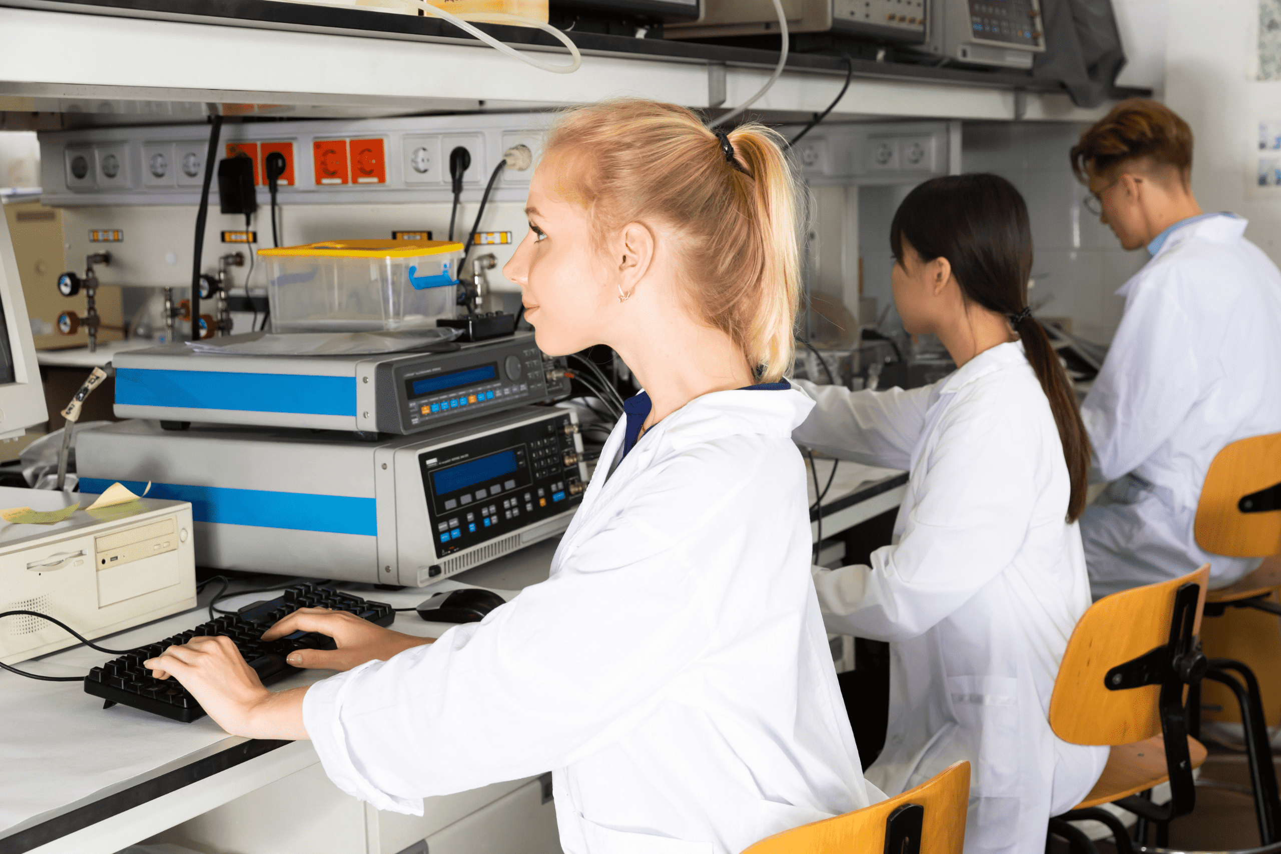 3 lab people working on their computers