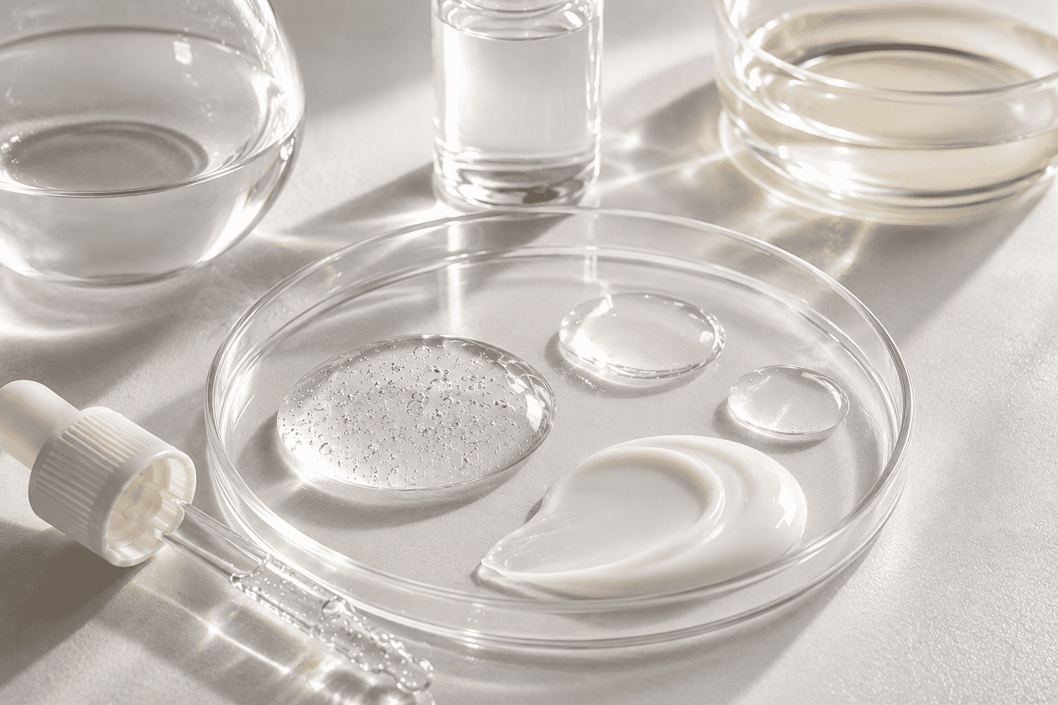 Transparent skincare serum, gel and cream textures in a clean laboratory-inspired environment, illustrating glass skin formulations, hydration ingredients, ceramides and cosmetic science.