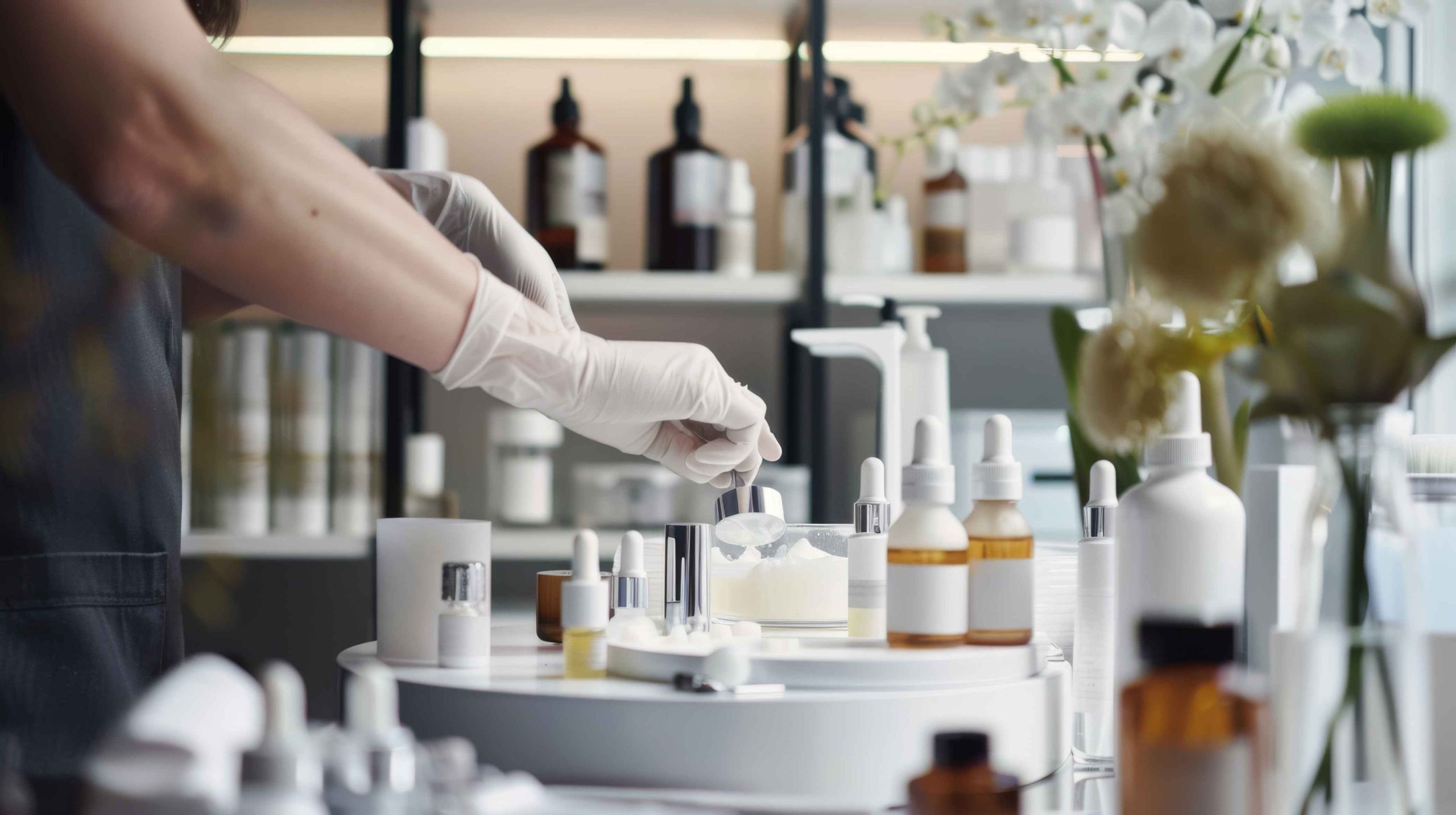 A person in gloves carefully pours ingredients for skincare products, surrounded by a modern laboratory setting and glass bottles.