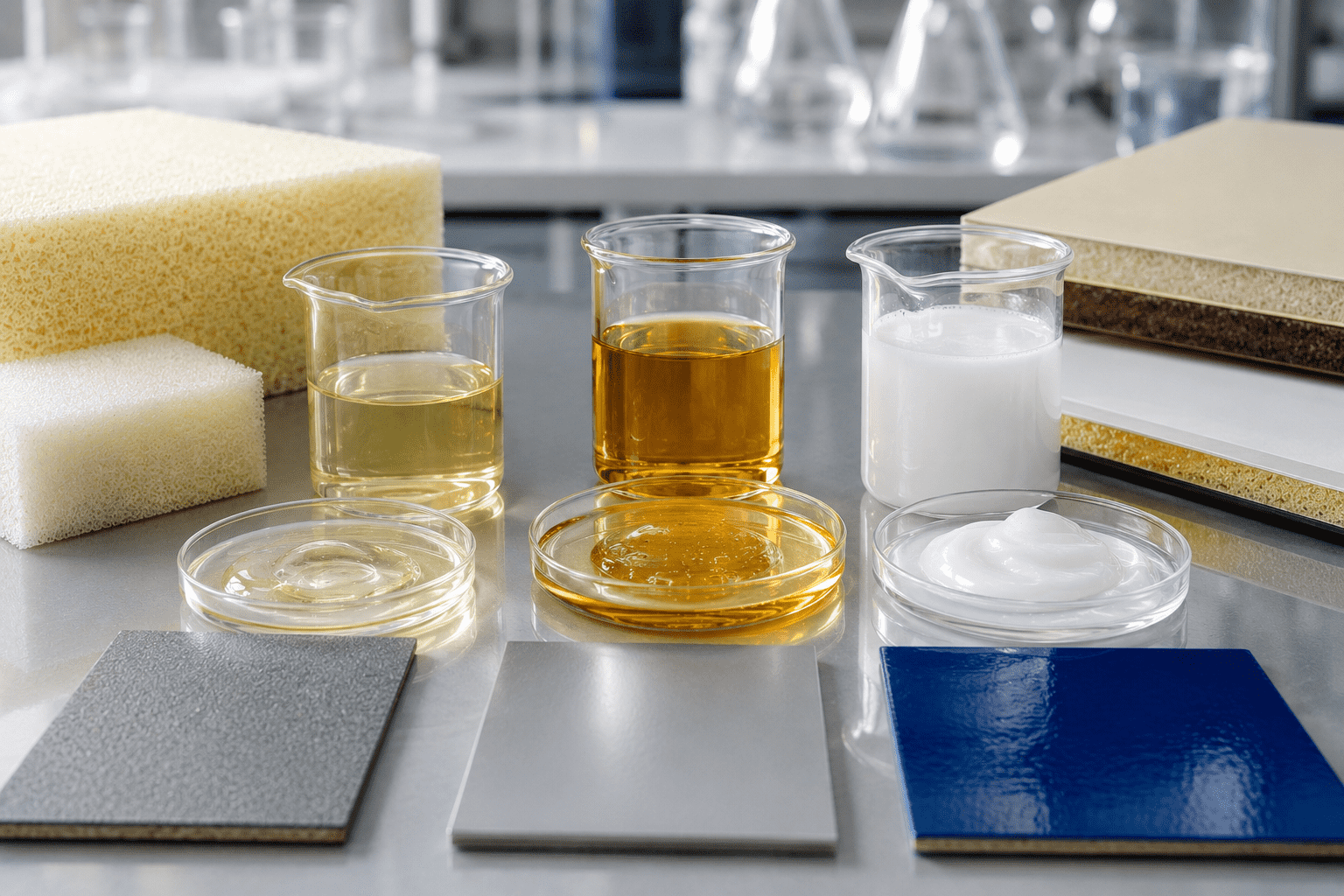 Laboratory view of polyurethane raw materials and coating formulations, illustrating MDI, TDI and waterborne polyurethane technologies.