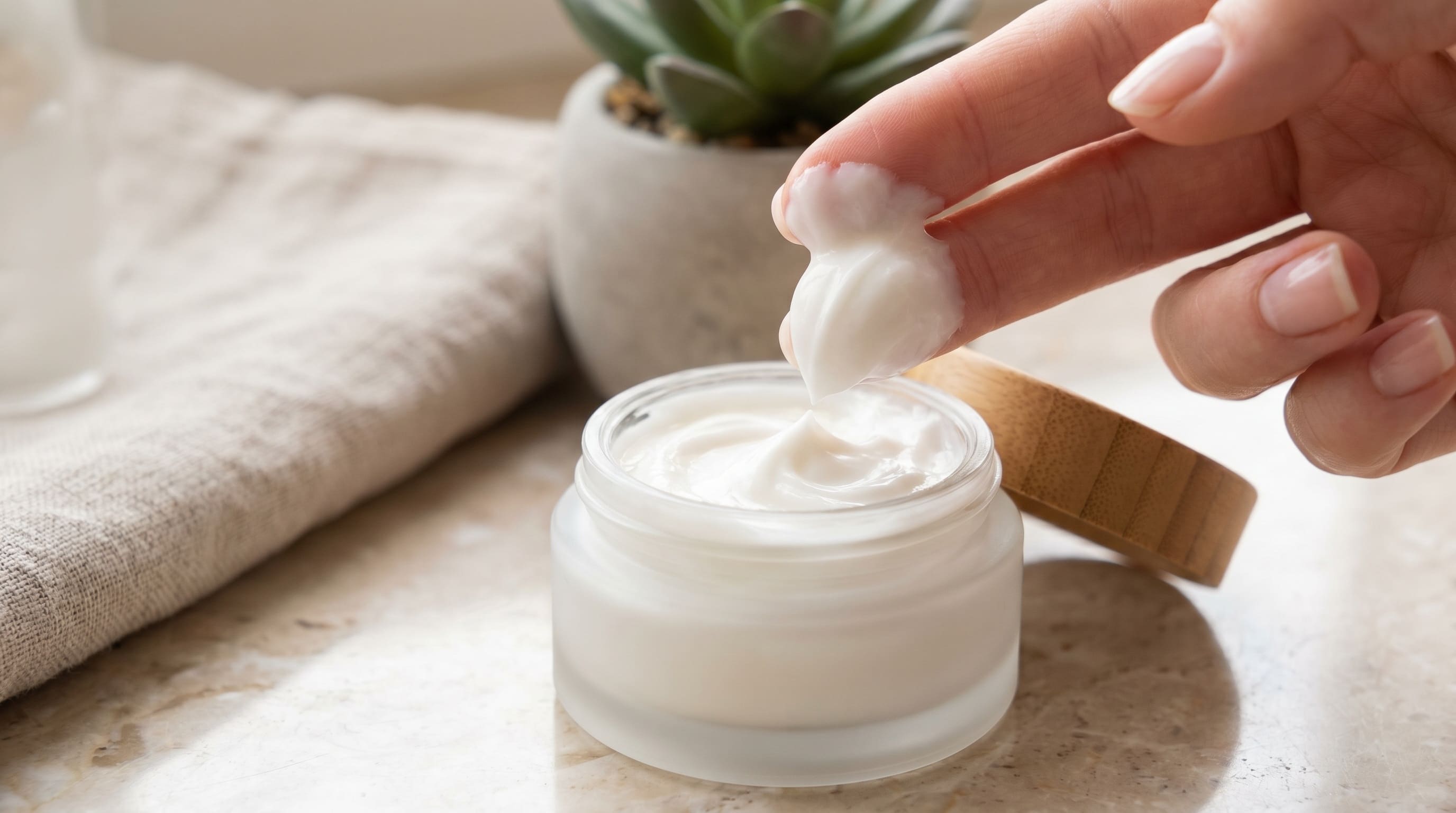 two fingers in a face cream