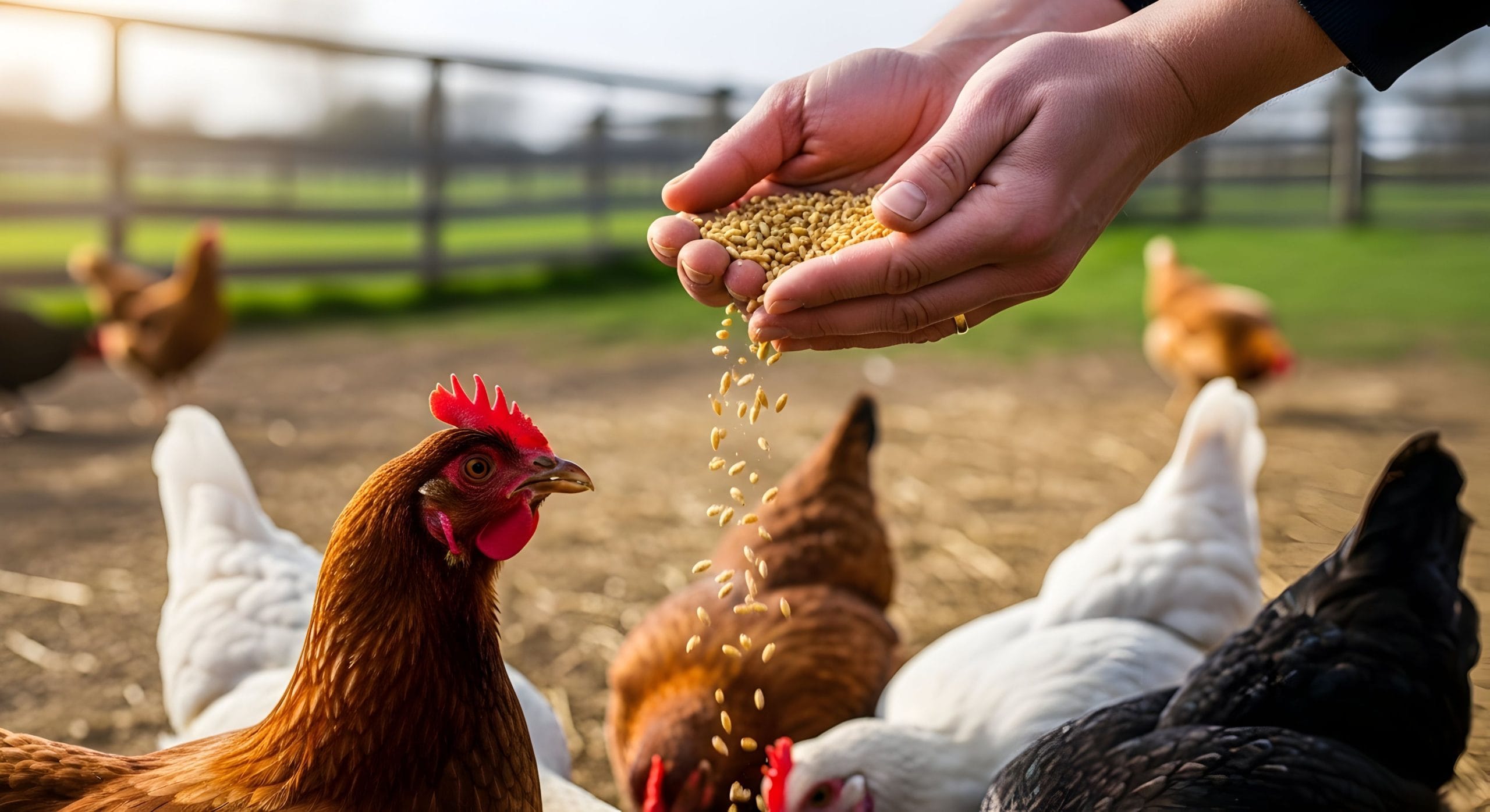 Hand feeding a flock of chickens on a farm.