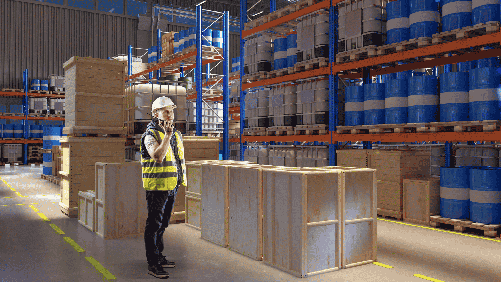 Chemical drums in temperature-controlled warehouse storage for sourcing polyurethane prepolymers in Europe