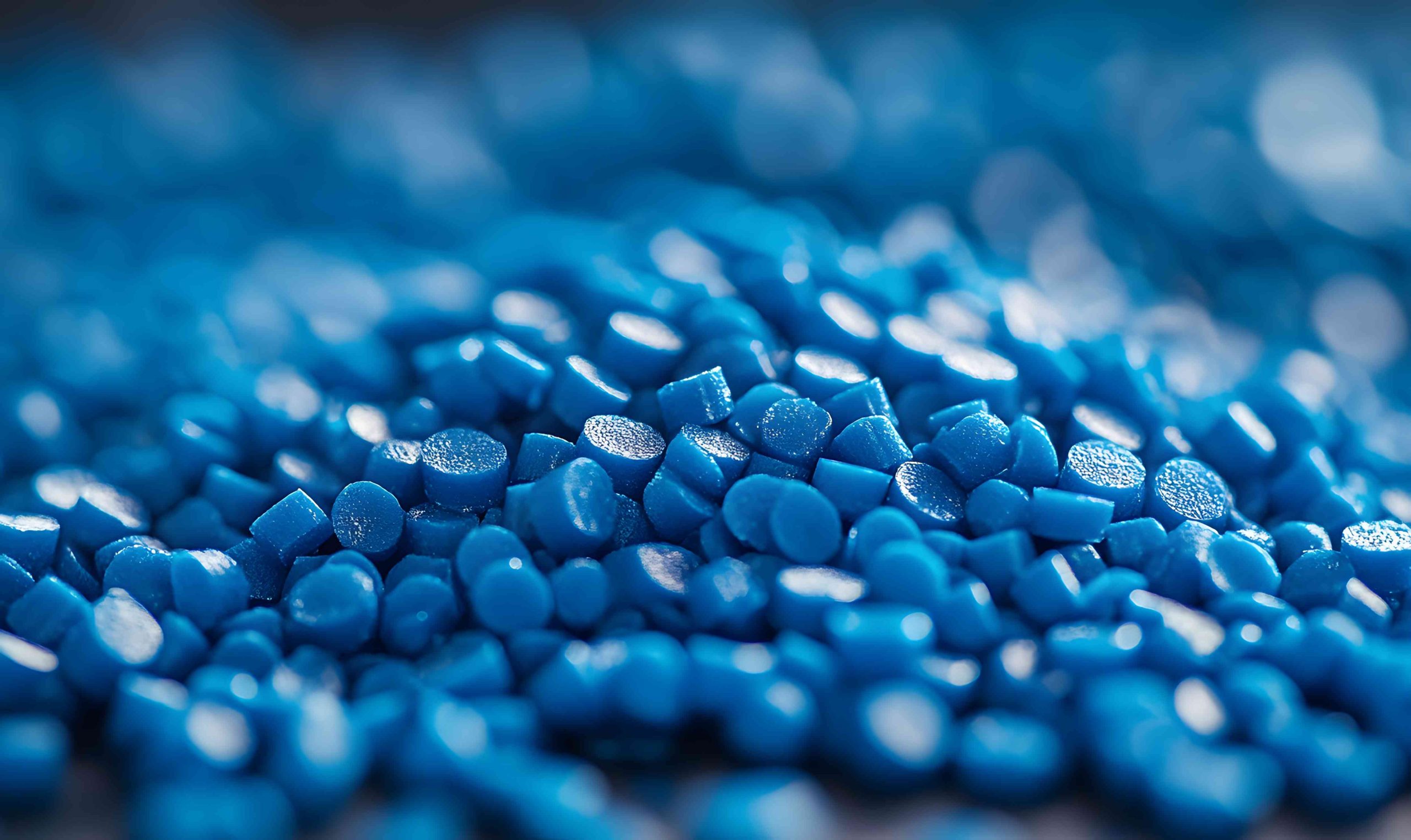 Close up view of many blue plastic polymer pellets used in manufacturing process.