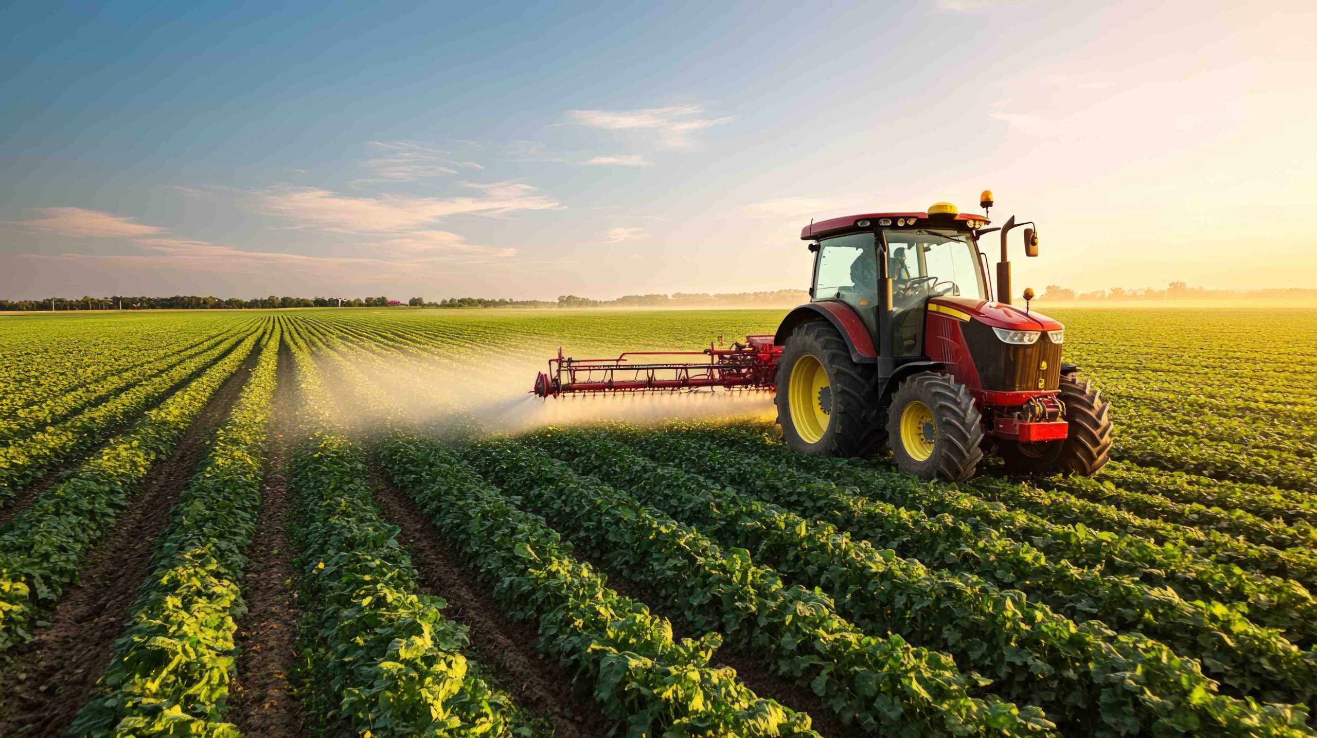 Modern tractors spray crops on large farmlands