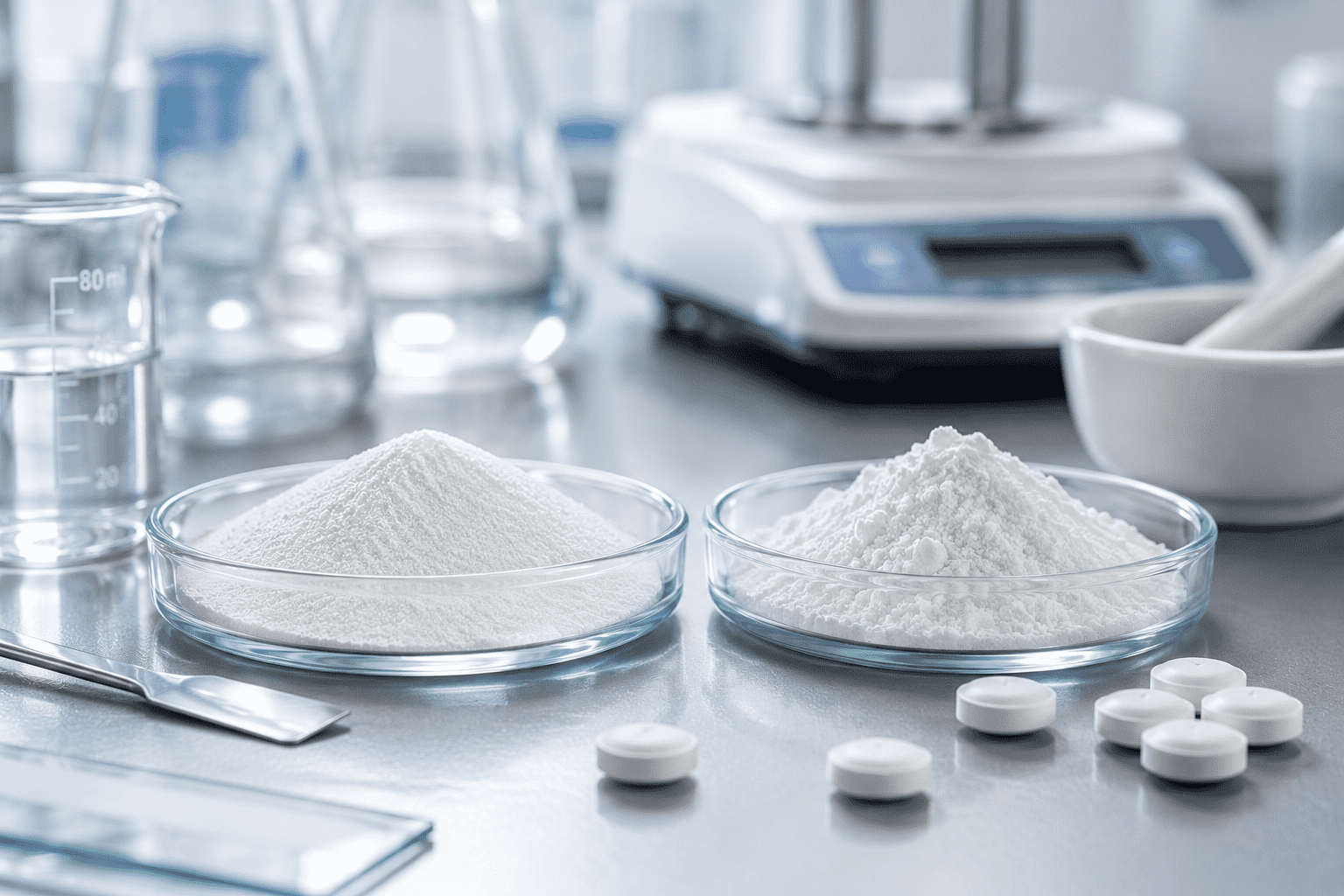 Pharmaceutical formulation laboratory with tablet excipients, cellulose ether powders and analytical equipment used in drug development.