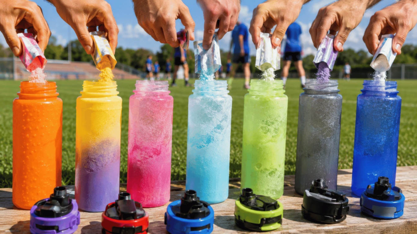 Colorful sports drink bottles being filled with powdered drink mixes on a field, with athletes exercising in the background.
