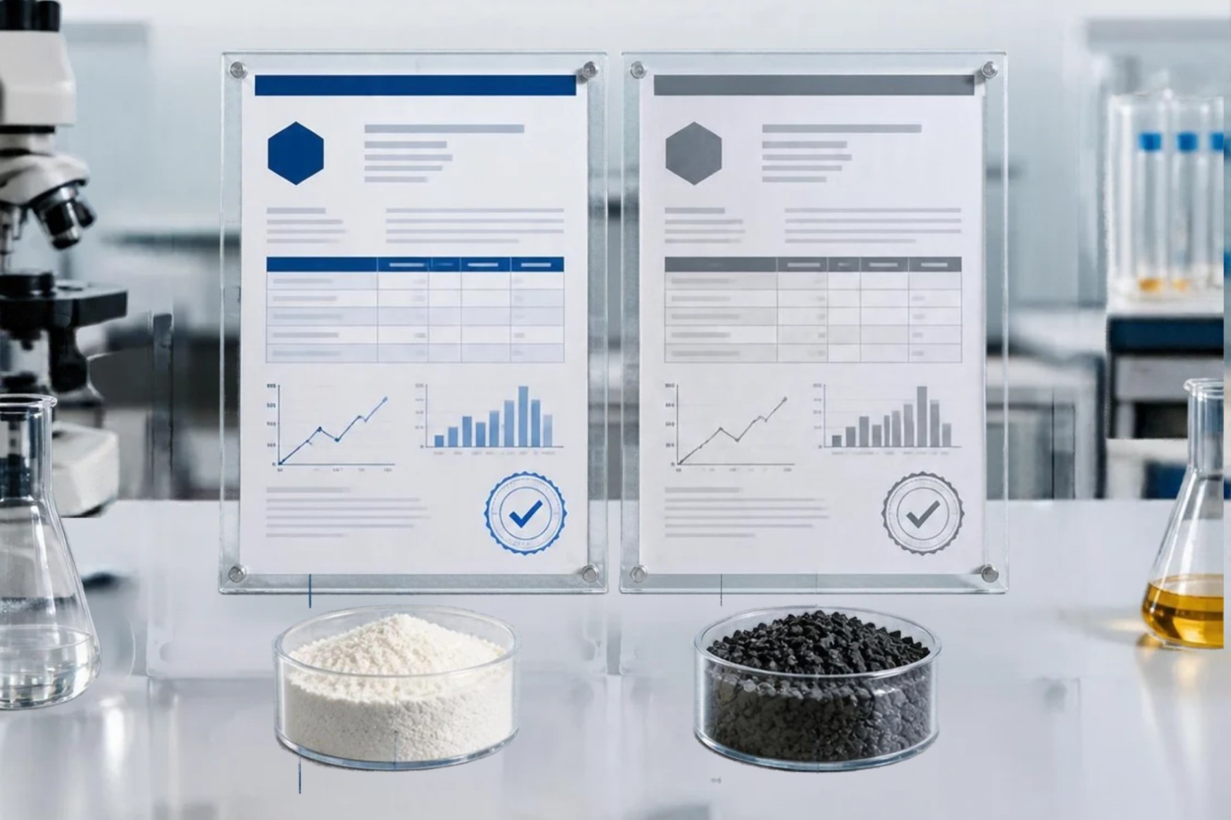 Two certificates of analysis side by side with two material samples on a laboratory bench.