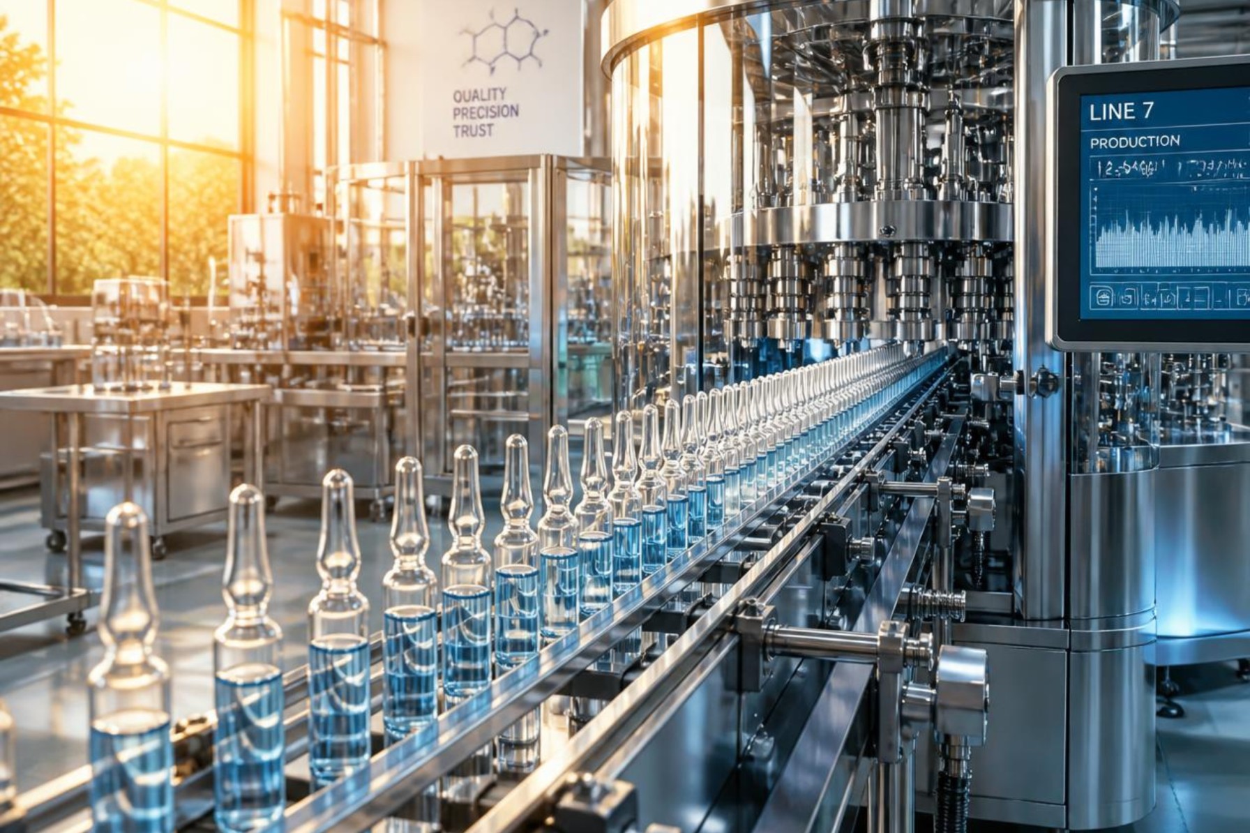 Pharmaceutical industry. Production line machine conveyor with glass bottles ampoules at factory.
