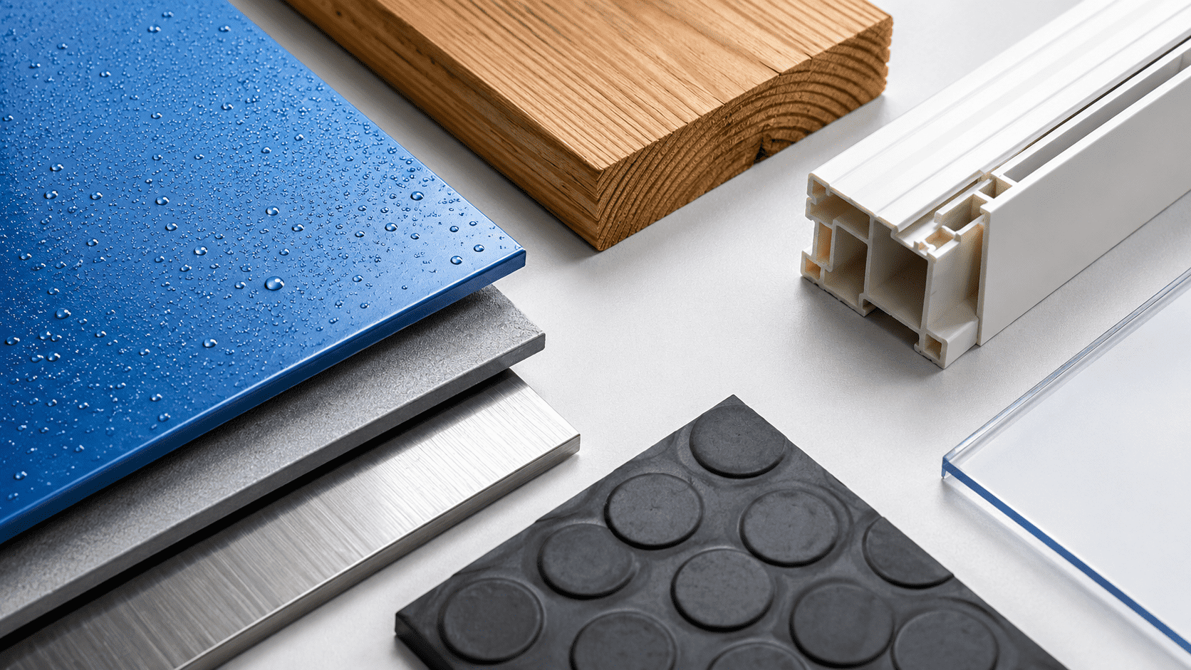 Selection of industrial materials including coated metal, treated wood, plastic profiles, acrylic and rubber samples, illustrating material protection and preservation across industrial applications
