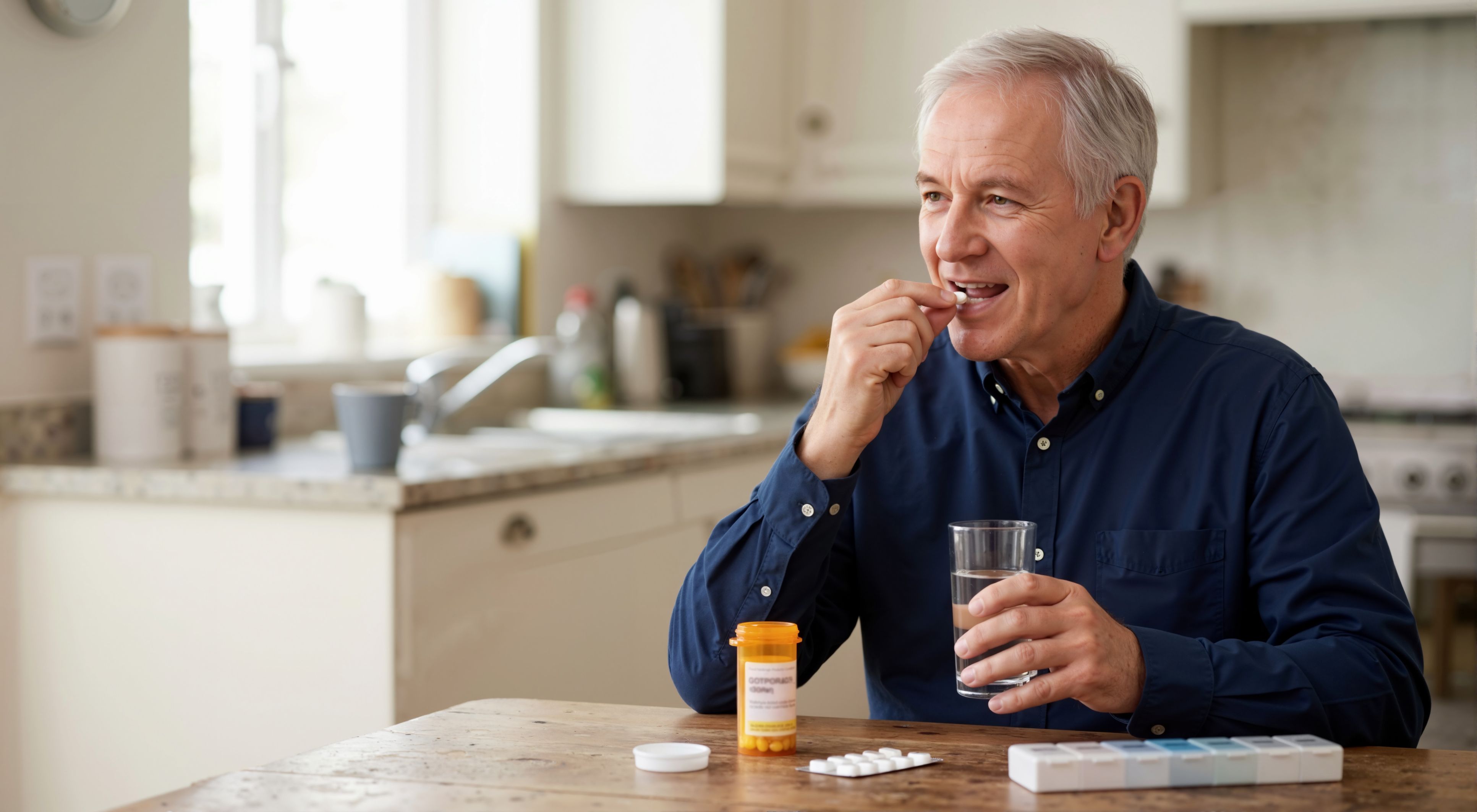 Elderly man with pill and glass of water in kitchen. Daily healthcare routine and medication management