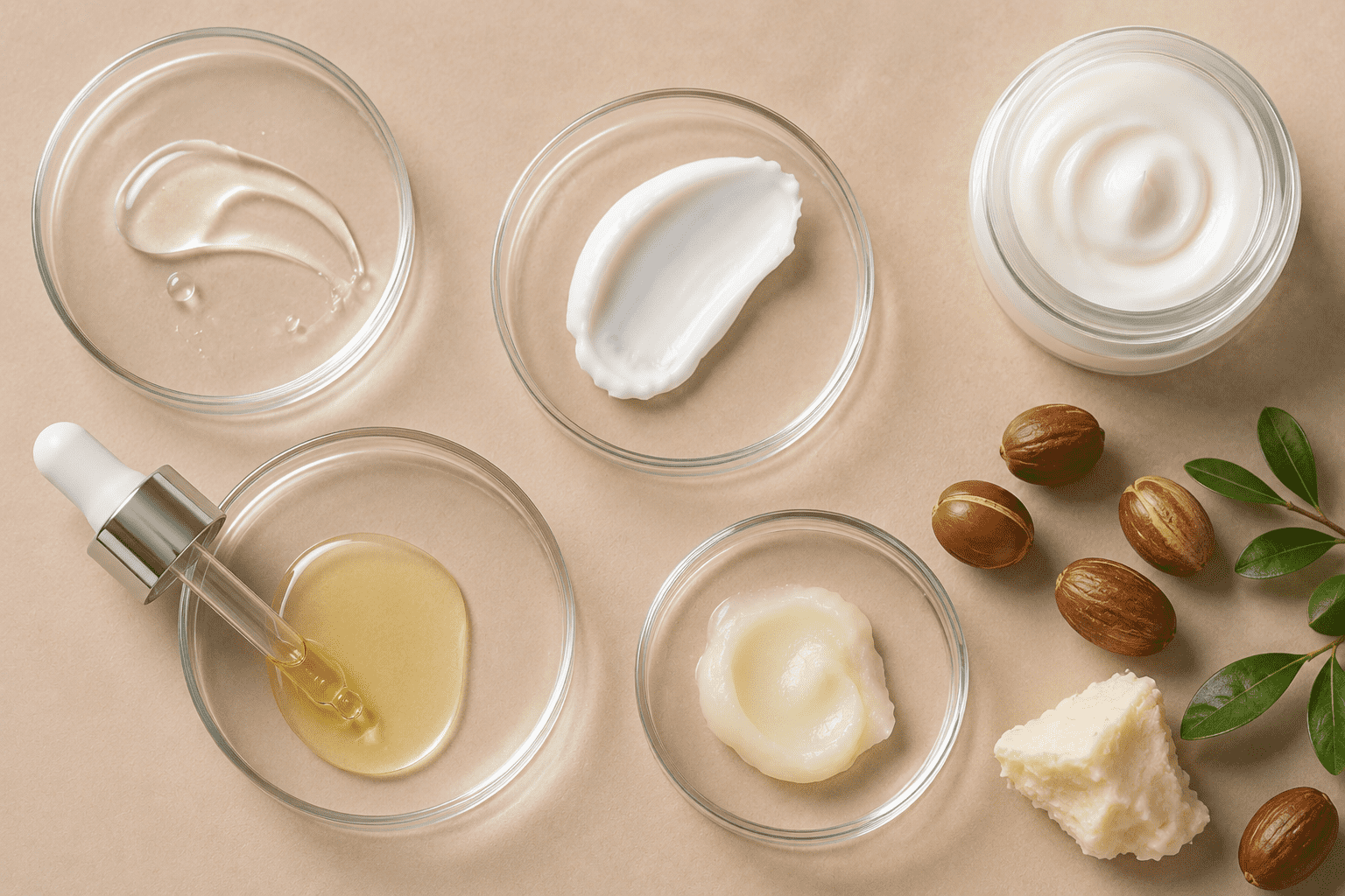 Ingredientes texturizantes cosméticos dispostos sobre uma superfície neutra, incluindo cremes, óleos e manteigas de origem vegetal em recipientes de vidro, ilustrando diferentes texturas e sensoriais utilizados em formulações de skincare e hair care.