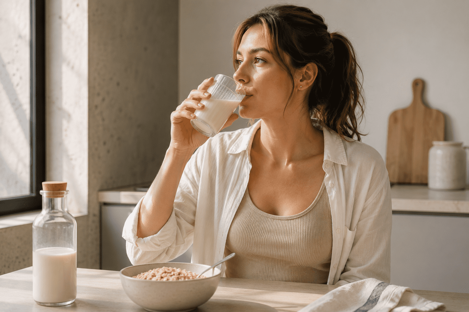 woman drinkins plant based drinks