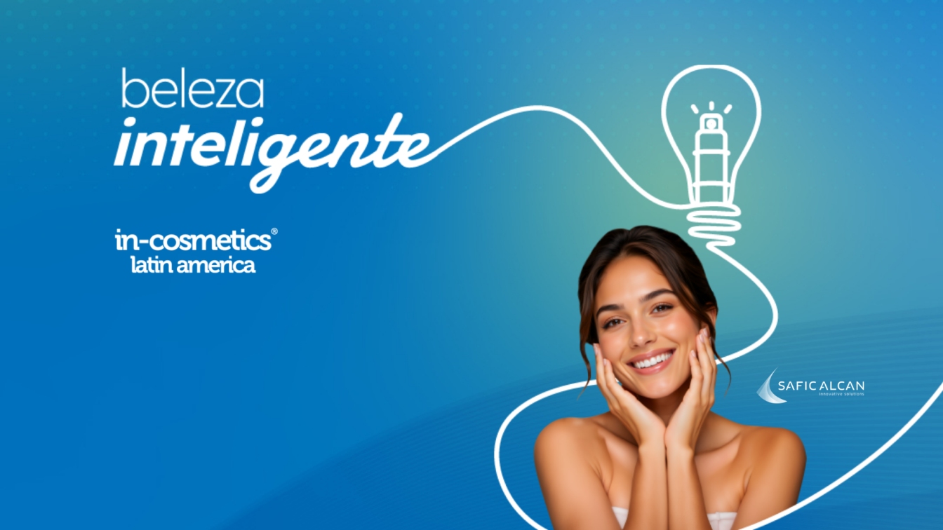 Safic-Alcan "Smart Beauty" campaign visual for in-cosmetics Latin America 2026, featuring a smiling woman and a lightbulb graphic symbolizing intelligent beauty innovation.