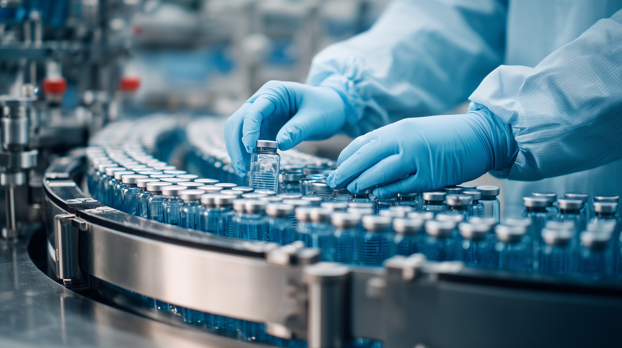 Close up of a pharmaceutical lab scientist pharmacist examining medical vials In a healthcare factory.