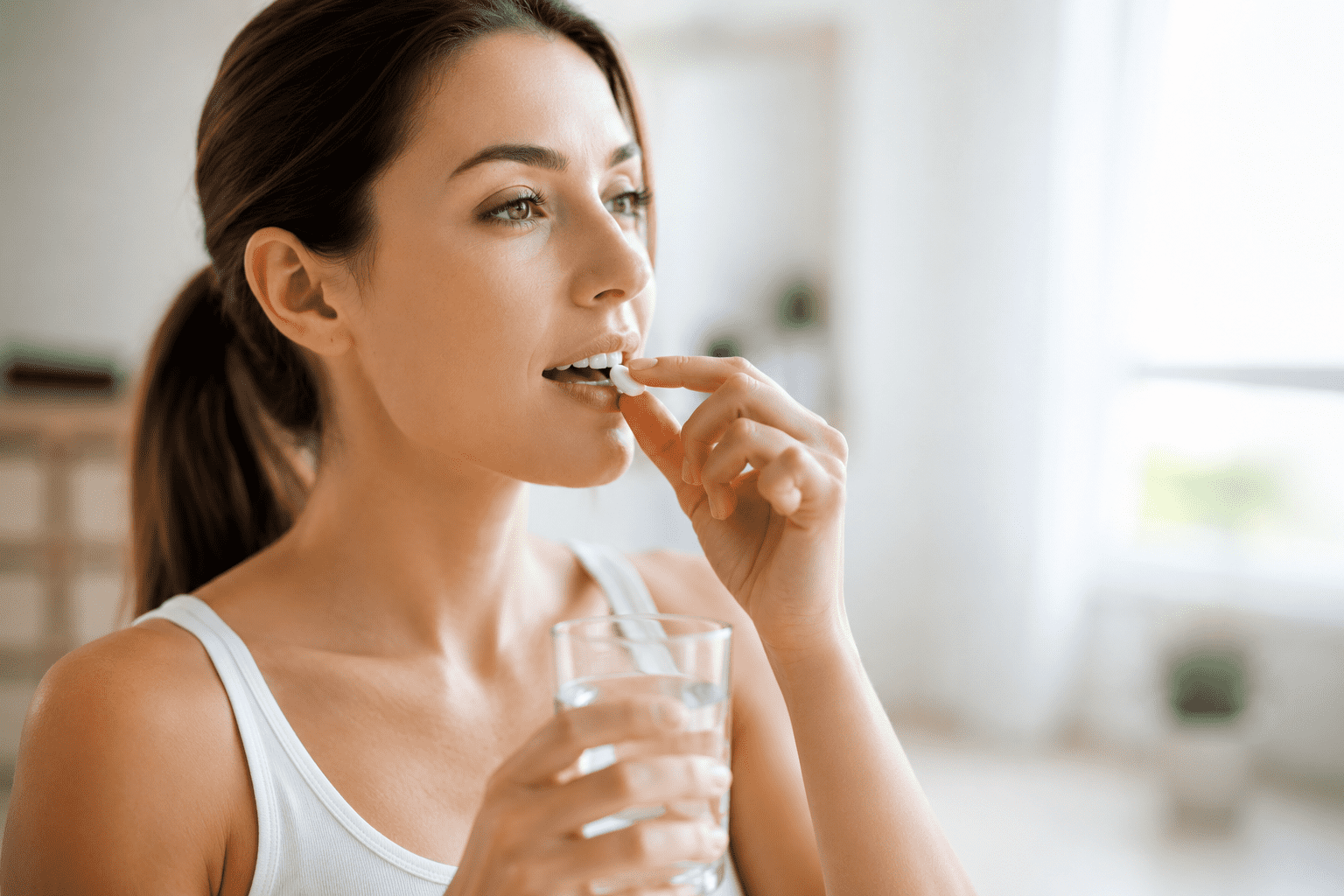 woman happily having a capsule with a glass of water