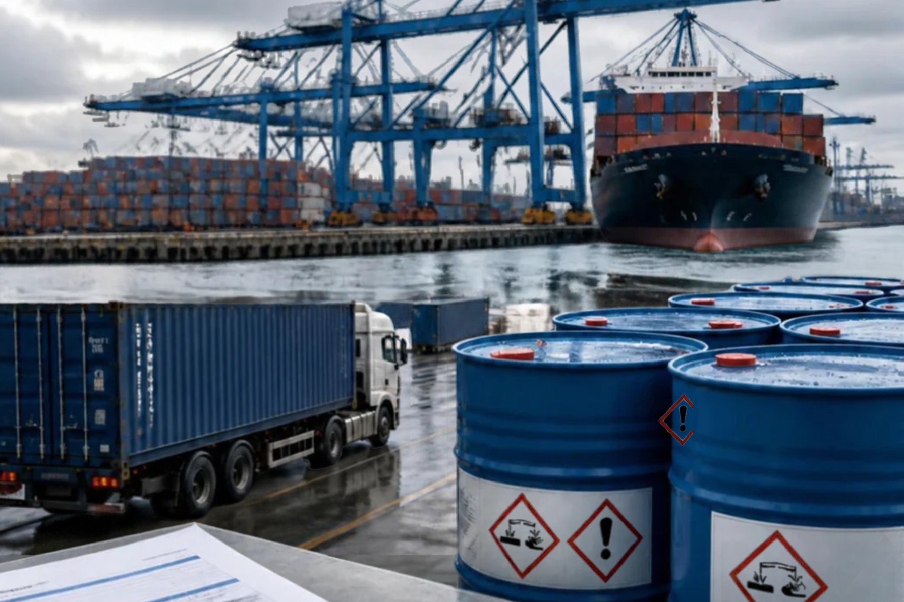 Chemical drums at a European port terminal with import documentation in the foreground