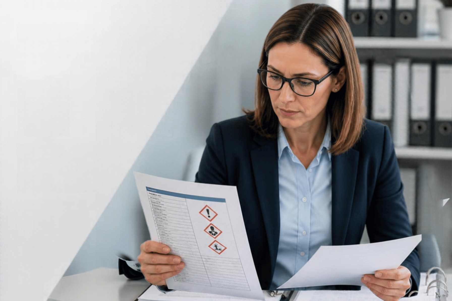 Regulatory affairs manager reviewing safety data sheets and supplier statements at a desk