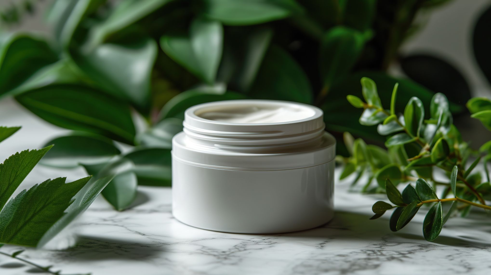 A jar of natural cosmetic face or body cream on a green leaf with drops of water.