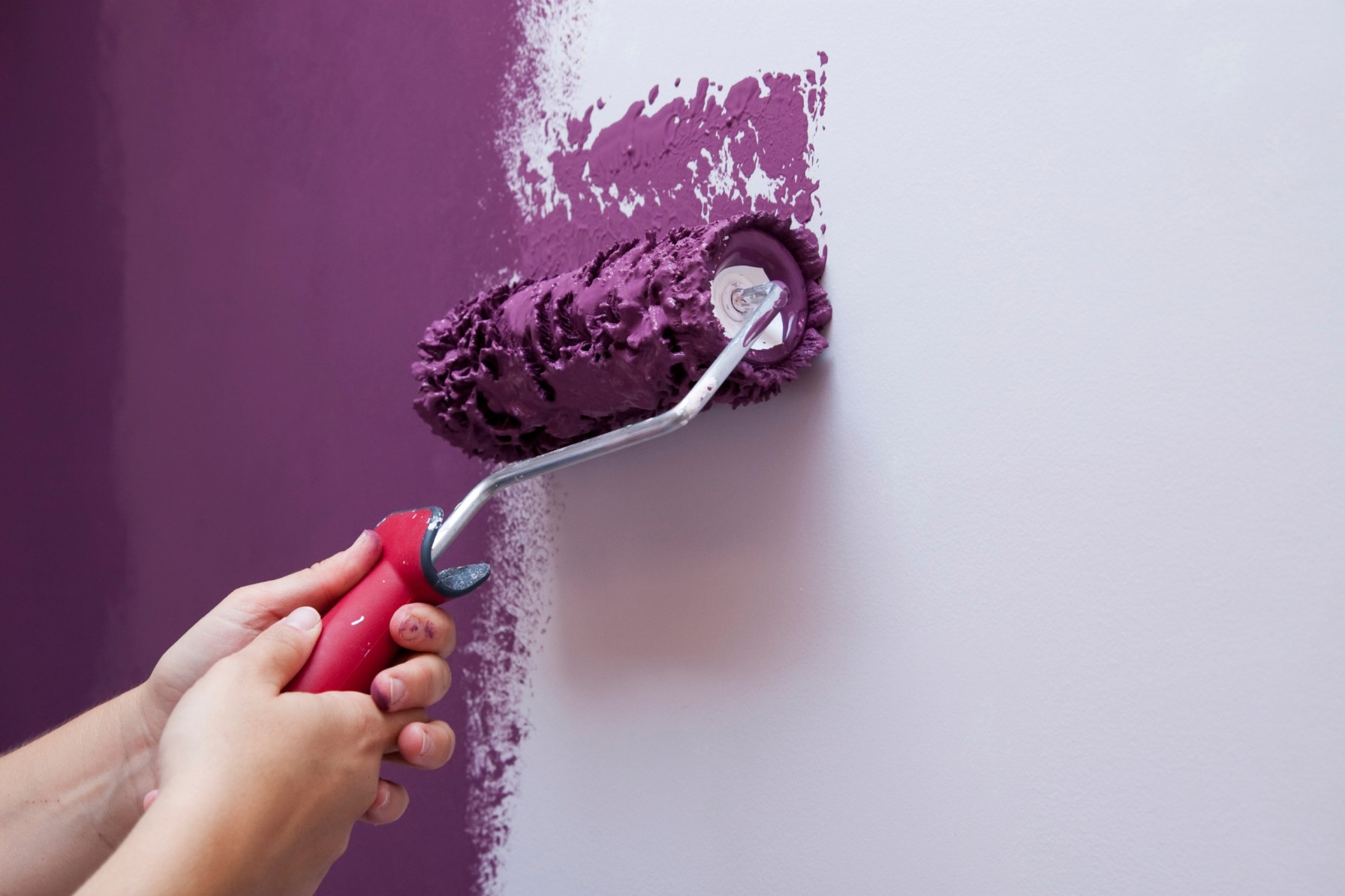 Painting a wall purple color.