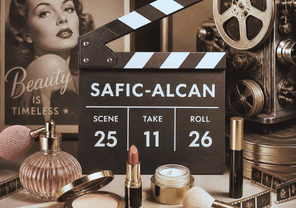 Safic-Alcan Making Cosmetics 2026 event visual featuring vintage beauty products, a film clapperboard and camera.
