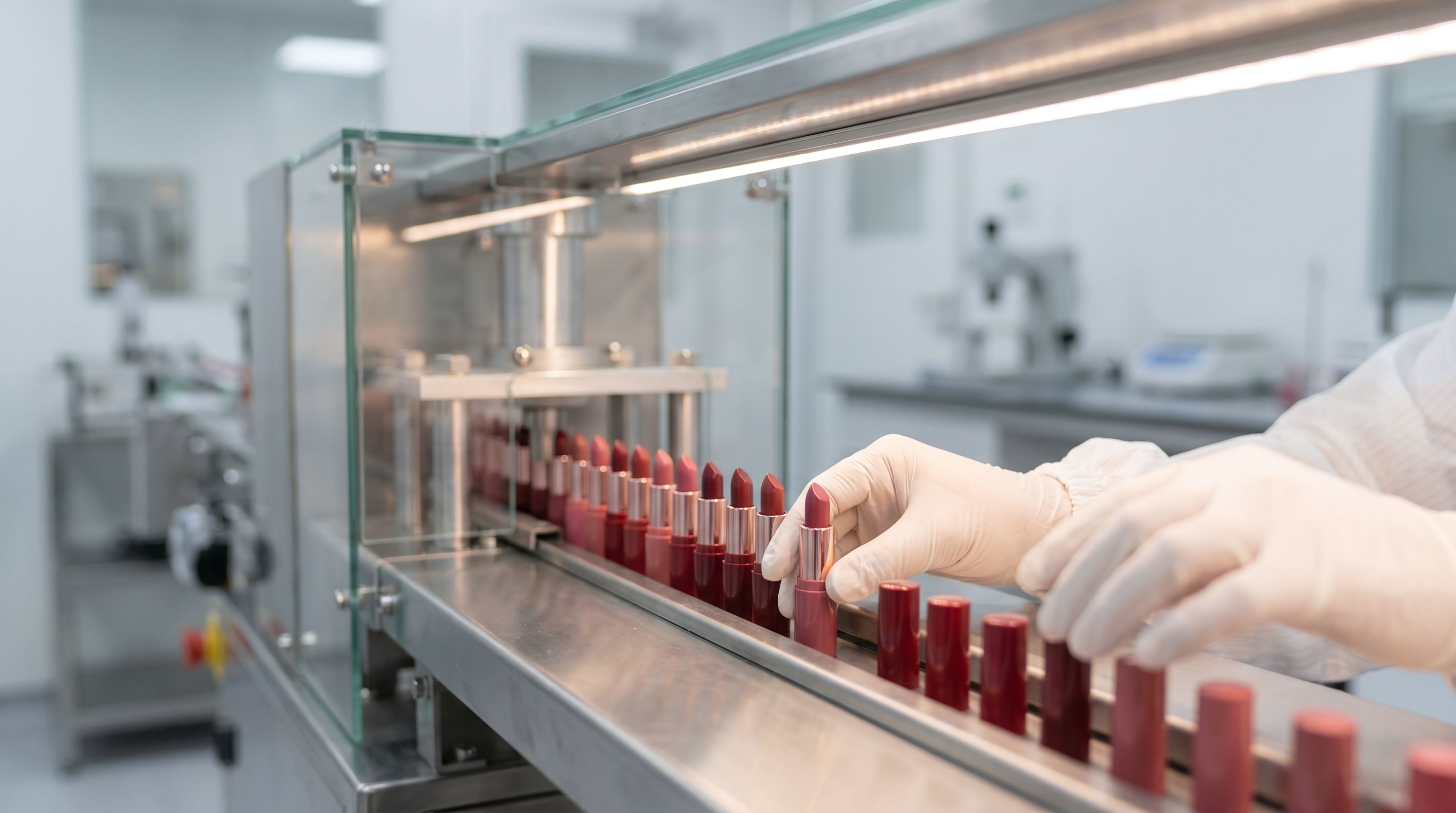 Cosmetic manufacturing line with red lipsticks on an automated conveyor belt.