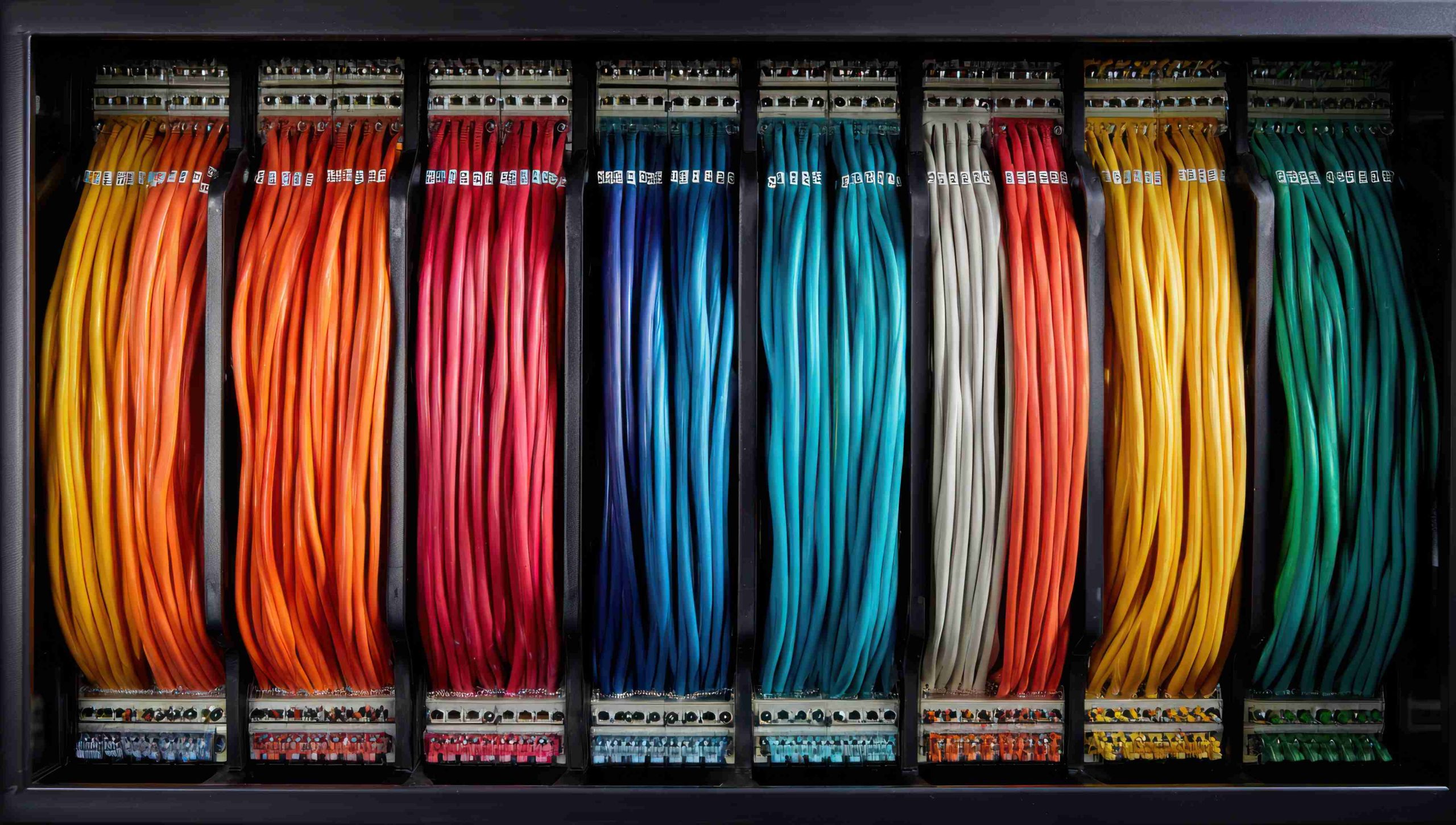 Colorful cables in organized trays.