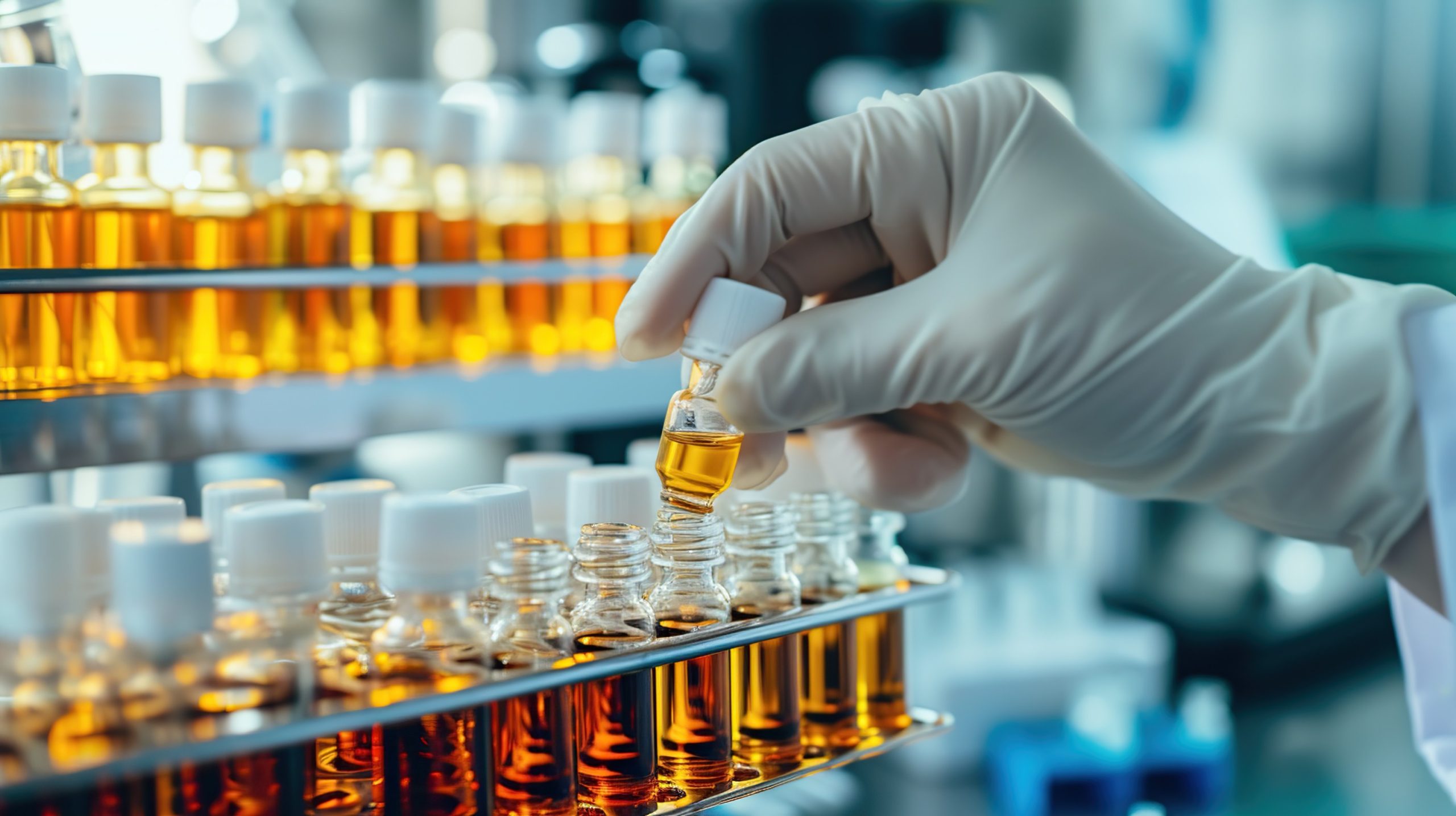 Technicians in a modern perfume laboratory, carefully analyze raw materials.
