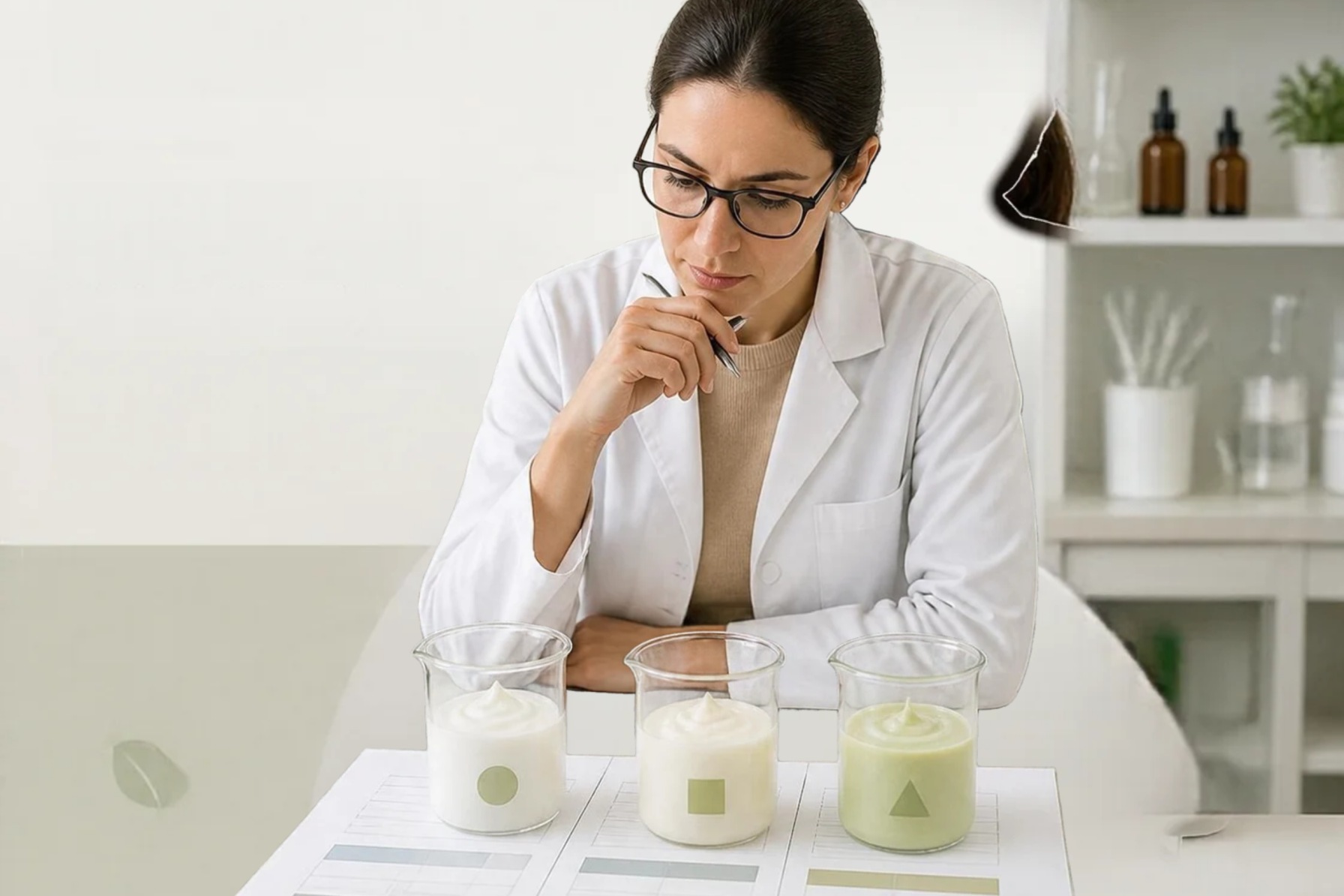 Cosmetic formulator comparing a reference formula with two substitution trials on a laboratory bench.