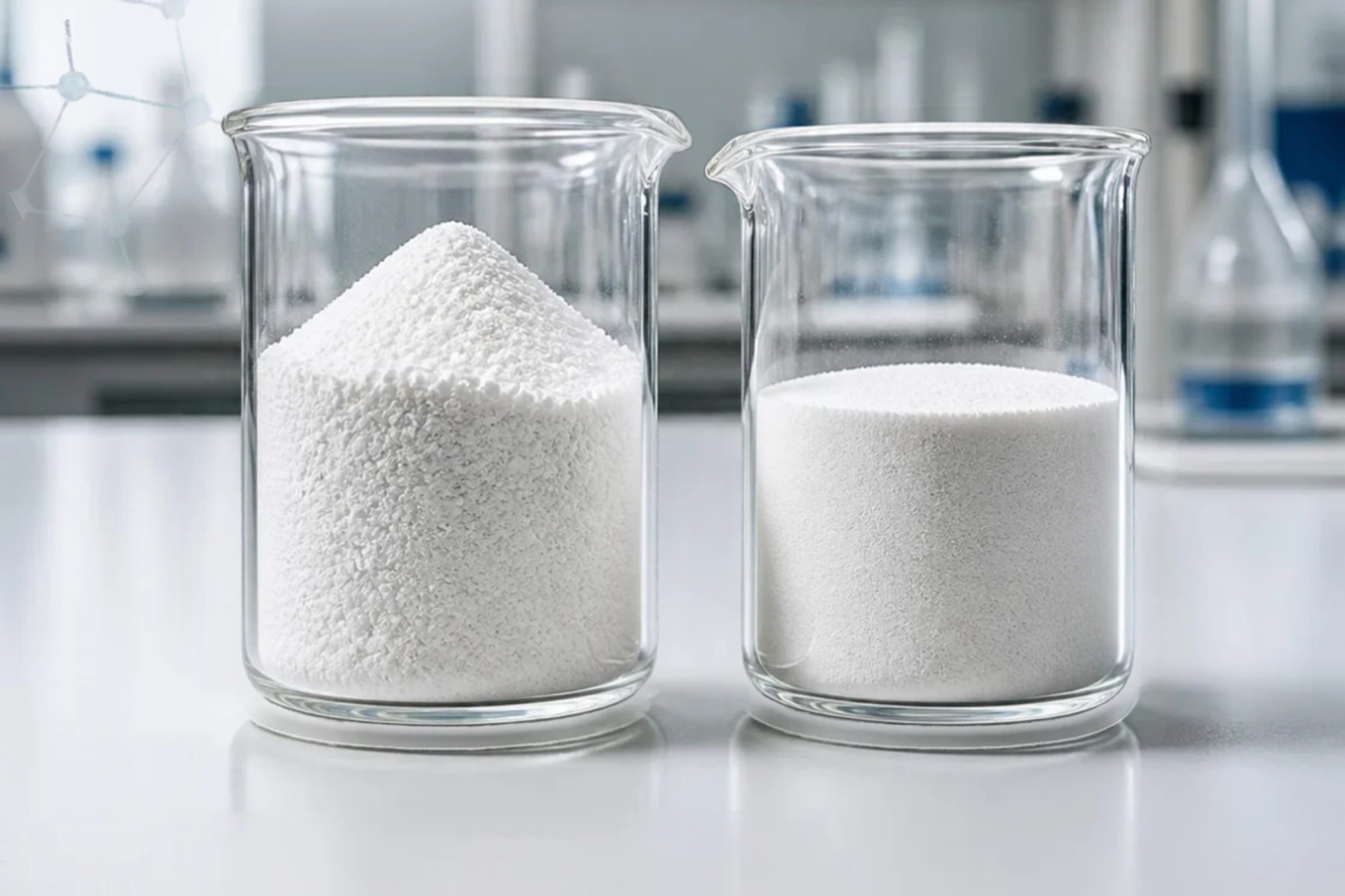 Two beakers of white silica powder side by side on a laboratory bench