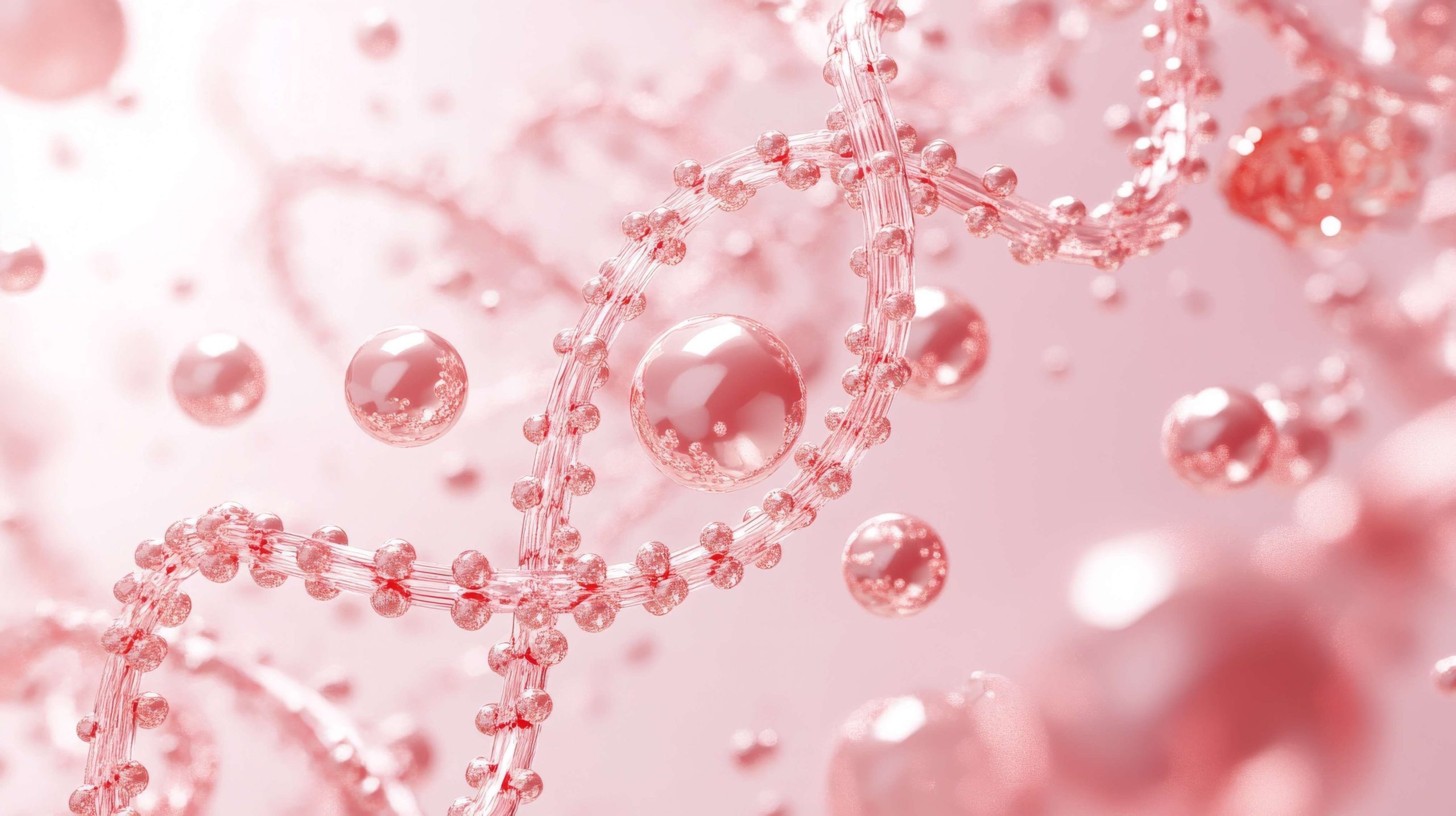 3D visualization of rose gold collagen peptides flowing in crystalline solution.